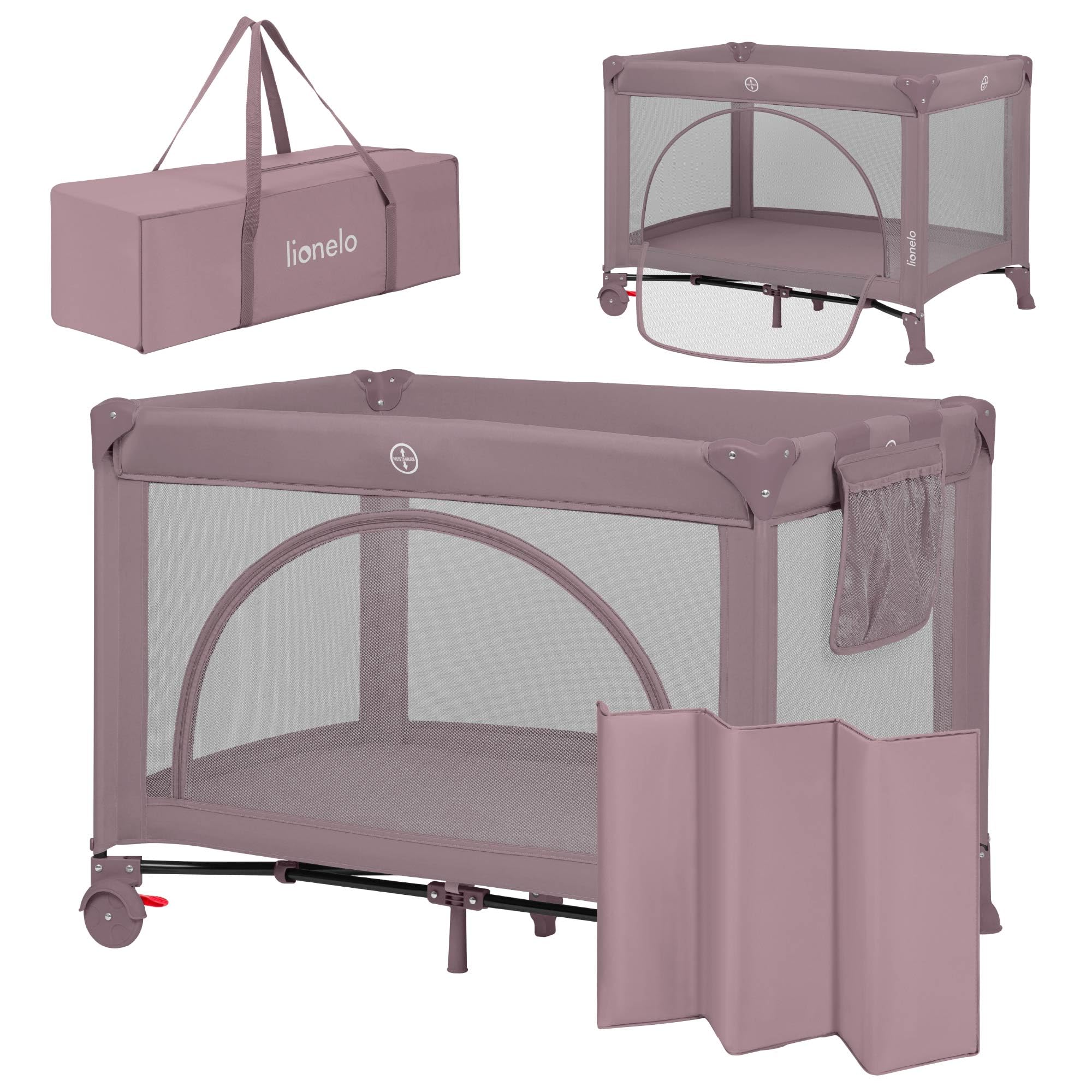 lionelo Laura Cuna de Viaje 2 en 1 hasta 15 kg Cuna Parque Bebe de 0 a 36 Meses Entrada Lateral Colchón de Espuma T25, 2 Niveles de Altura, Bolsa de Viaje, Ruedas con Freno | Entrada lateral, colchón de espuma T25, 2 alturas, ruedas con freno y bolsa de viaje