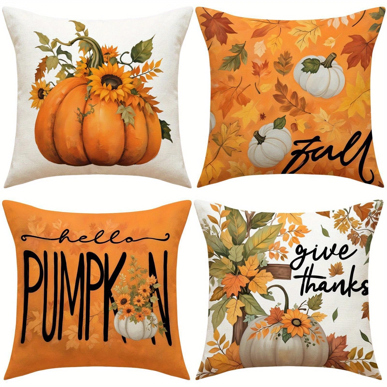 KOBERR New Fall Pumpkin Throw Pillow Cover Printed Throw Pillow Thanksgiving Atmosphere Decorative Sofa Cushion, Linen Pillow Cover for All Room Types - 18x18 Inch