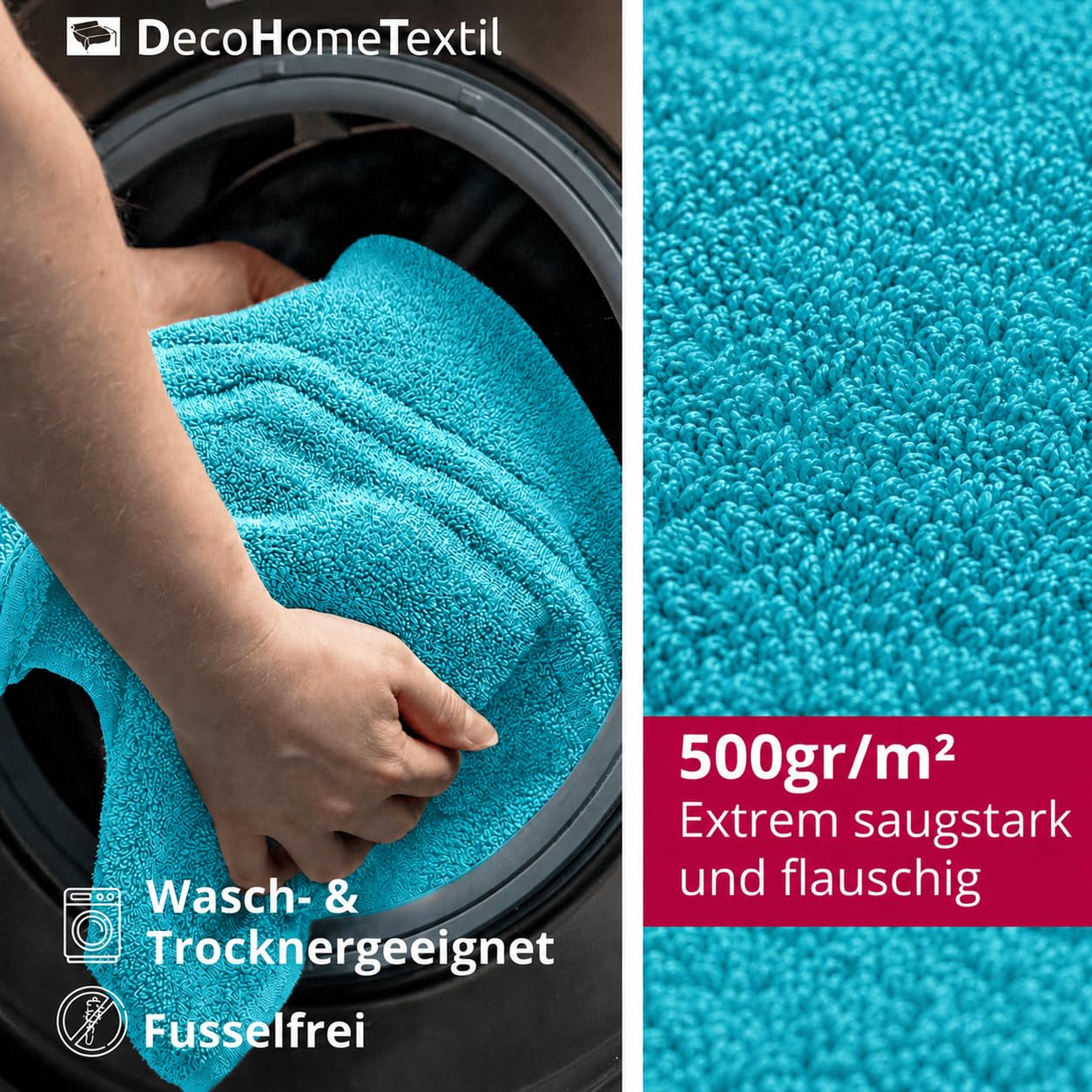 DecoHomeTextil Set spugna 4 asciugamani 50x100, 2 teli 70x140 in Turchese | 100% cotone, spugna di alta qualità, morbida e assorbente