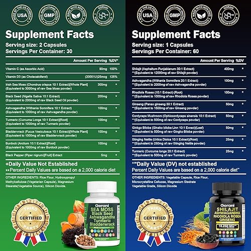 Miniatura 2 de Paquete de musgo marino y shilajit  Shilajit Cápsulas orgánicas puras del Himalaya y aceite de semilla negra de musgo marino, cápsulas de jengibre