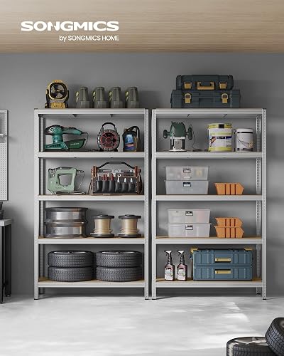 SONGMICS 5-Tier Heavy-Duty Shelving Units, Set of 2 Steel Shelving Units for Storage, Boltless Assembly, for Garage, Shed, Load Capacity 750 kg, 60 x 120 x 200 cm, Silver GLR060E02 - 2