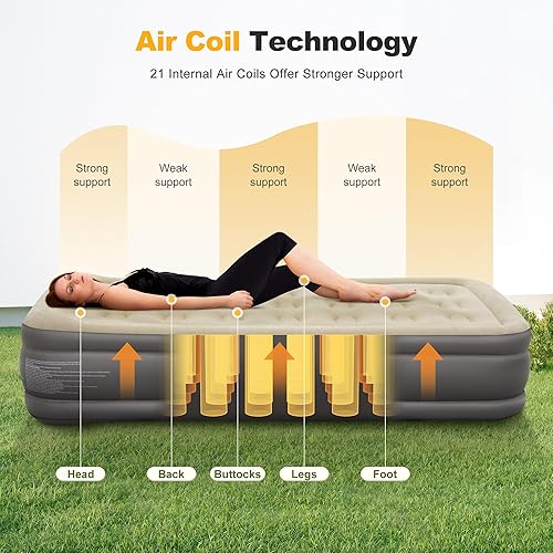 Miniatura 3 de ALPHA CAMP Colchón de aire individual de 19 pulgadas con bomba y almohada integradas, colchón inflable en 2 minutos autoinfladodesinflado con parte