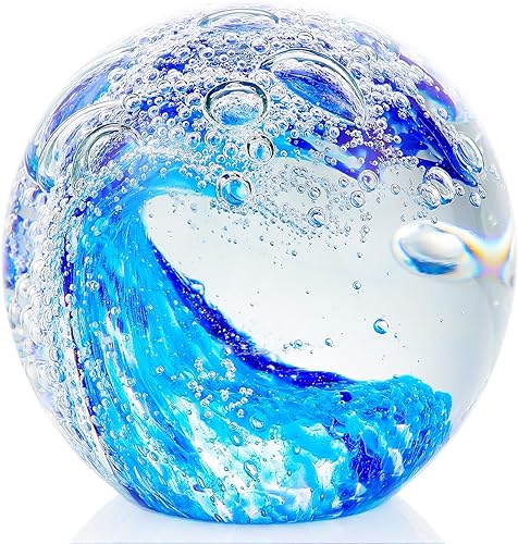 YWHL Bola de olas oceánicas sopladas a mano, decoración de océano de arte de cristal, bola decorativa coleccionable, pisapapeles coleccionable de