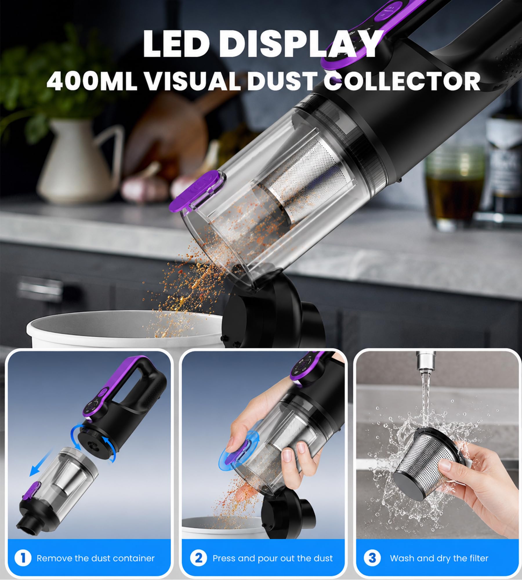 Aspirador de coche 4 en 1 26000 PA, aspirador de mano inalámbrico potente y compacto, con pantalla LED y batería recargable, para coche, hogar, oficina y cocina, pelo de animales.