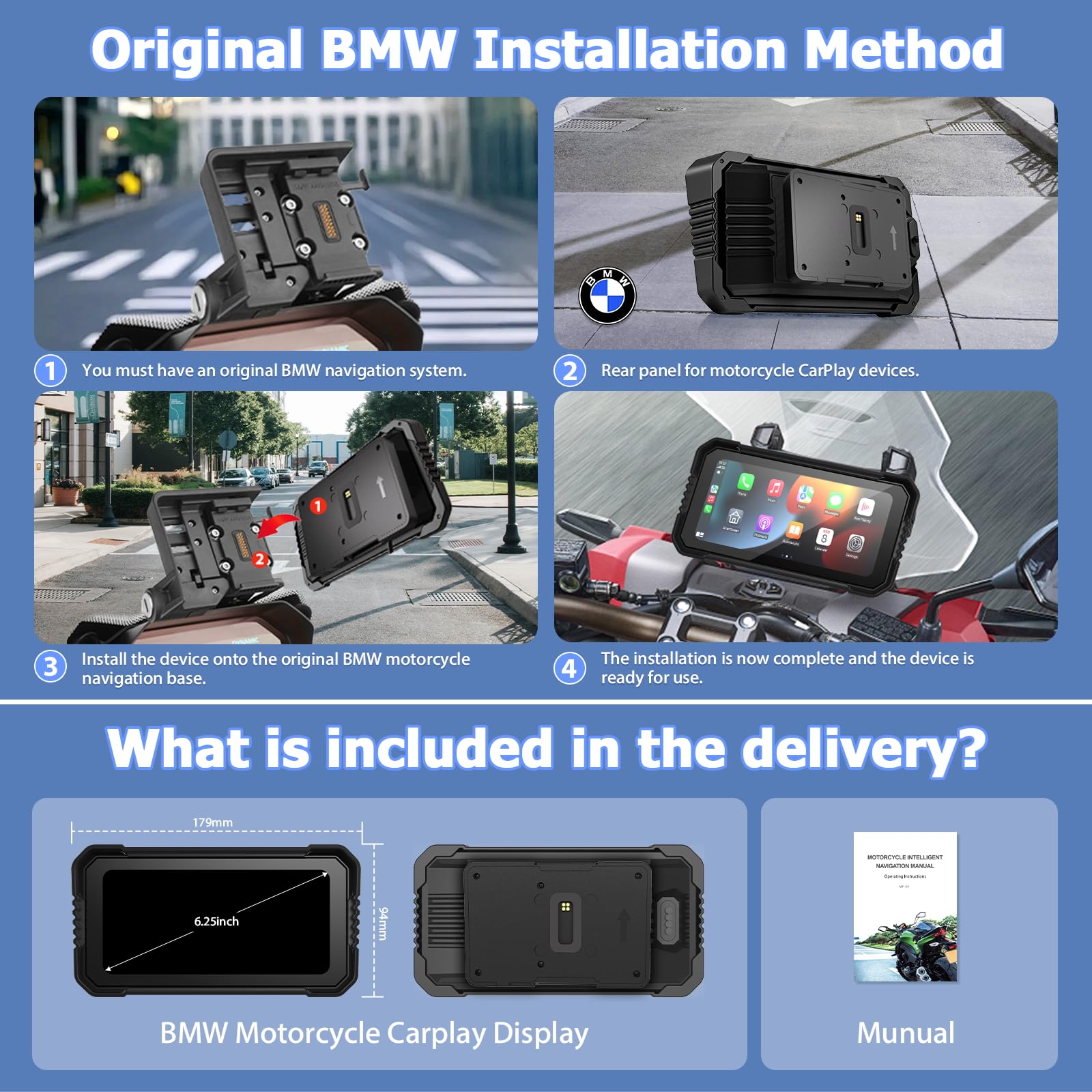 Carplay Schermo per BMW Moto Senza Fili CarPlay Android Auto Display Carplay Moto 6,25 Pollici Touchscreen Impermeabile IP67 Schermo Car Play Bluetooth Navigazione Controllo Vocale Mirror Link