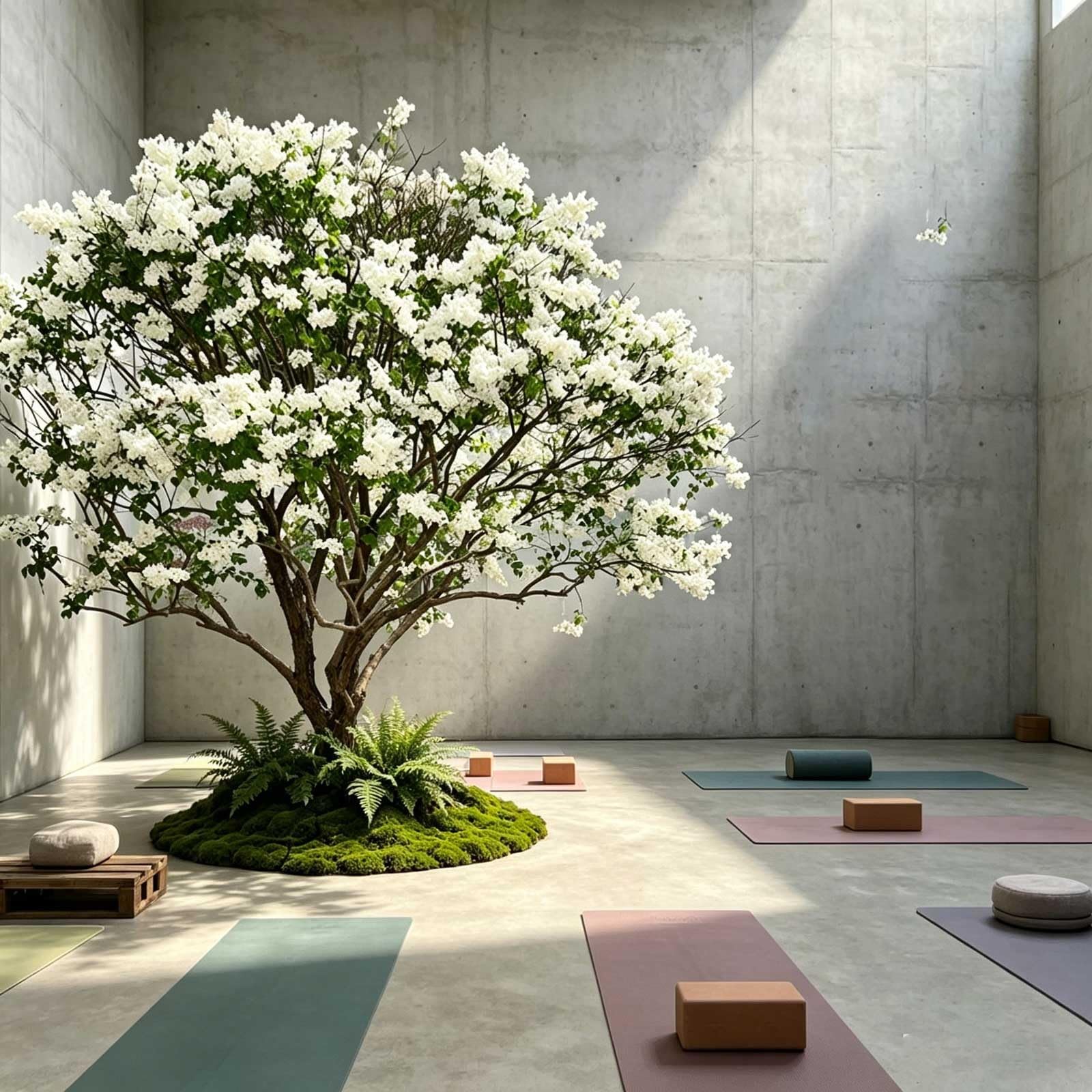 KIBONCY Premium Real Texture Artificial White Fringe Tree, Full Canopy Fluffy Flower Faux, Complete Moss Fern Base Decor Plant for Villa Indoor Courtyard Layout(6x5m)