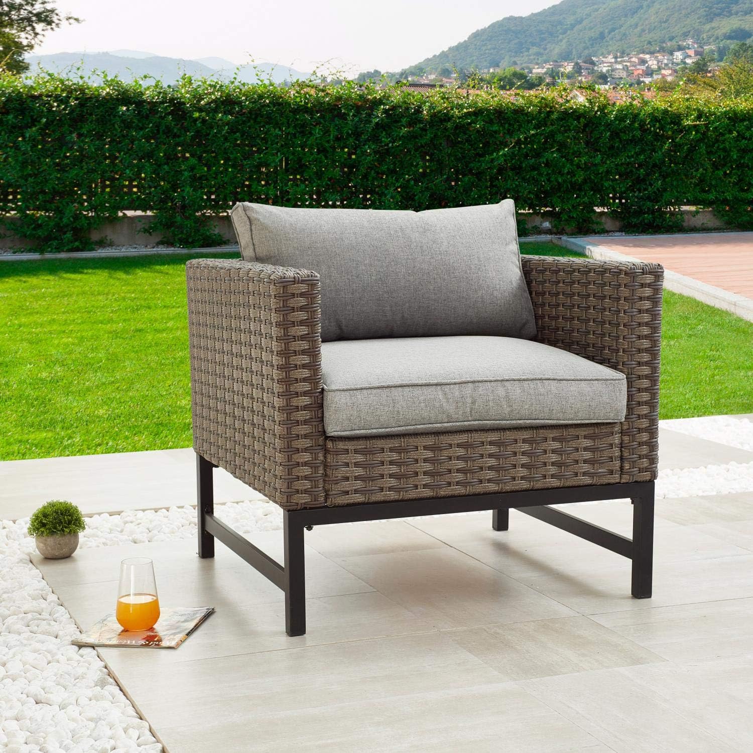 PatioFestival Wicker Outdoor Chair Rattan Armchair Chairs with Removable Cushions Patio Dinning Furniture for Garden Balcony Porch Poolside