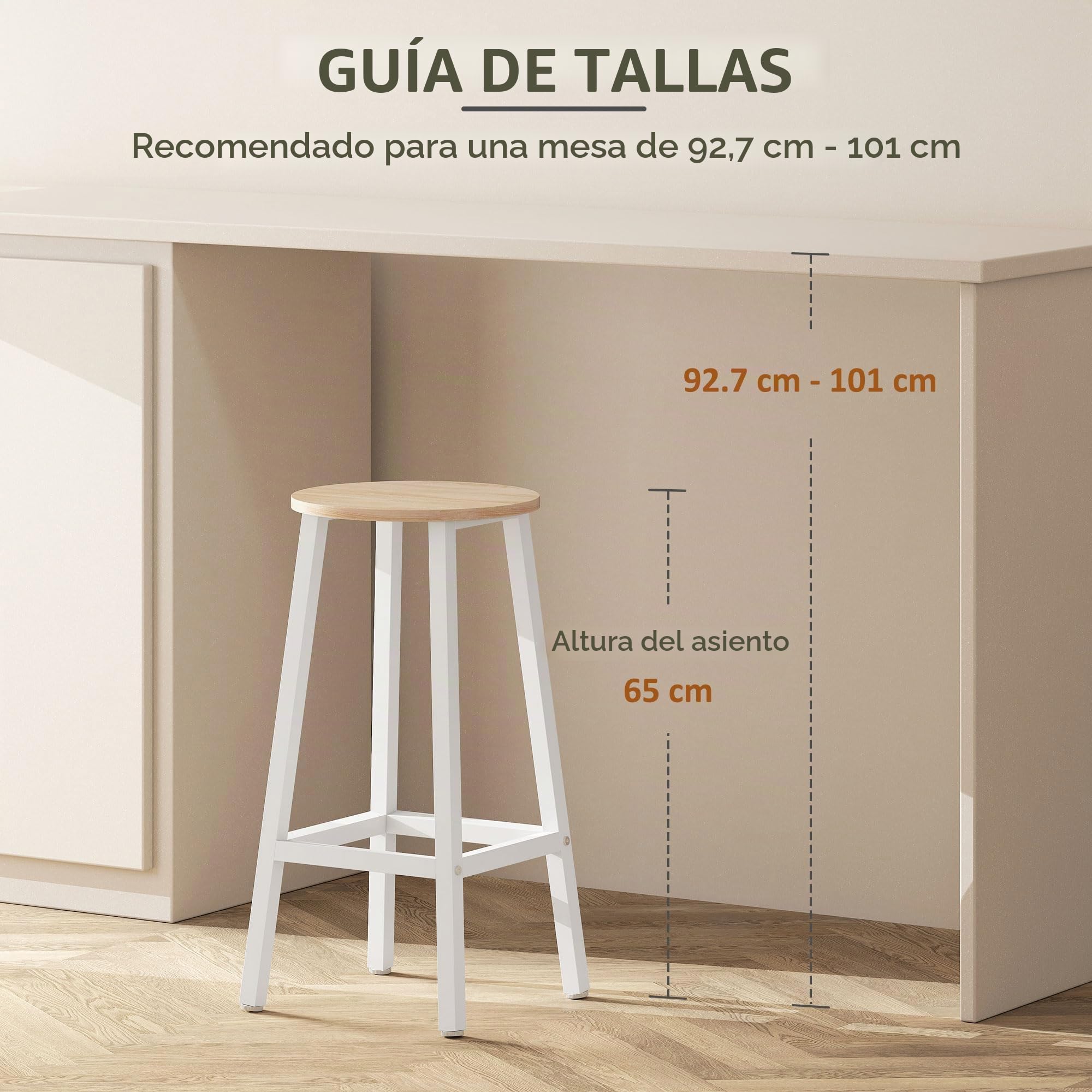 HOMCOM Juego de 2 Taburetes Altos de Cocina 65 cm Madera Natural y Blanco | Taburetes de Bar, Patas de Acero, Reposapiés, para Salón Comedor Bar, Carga 75 kg