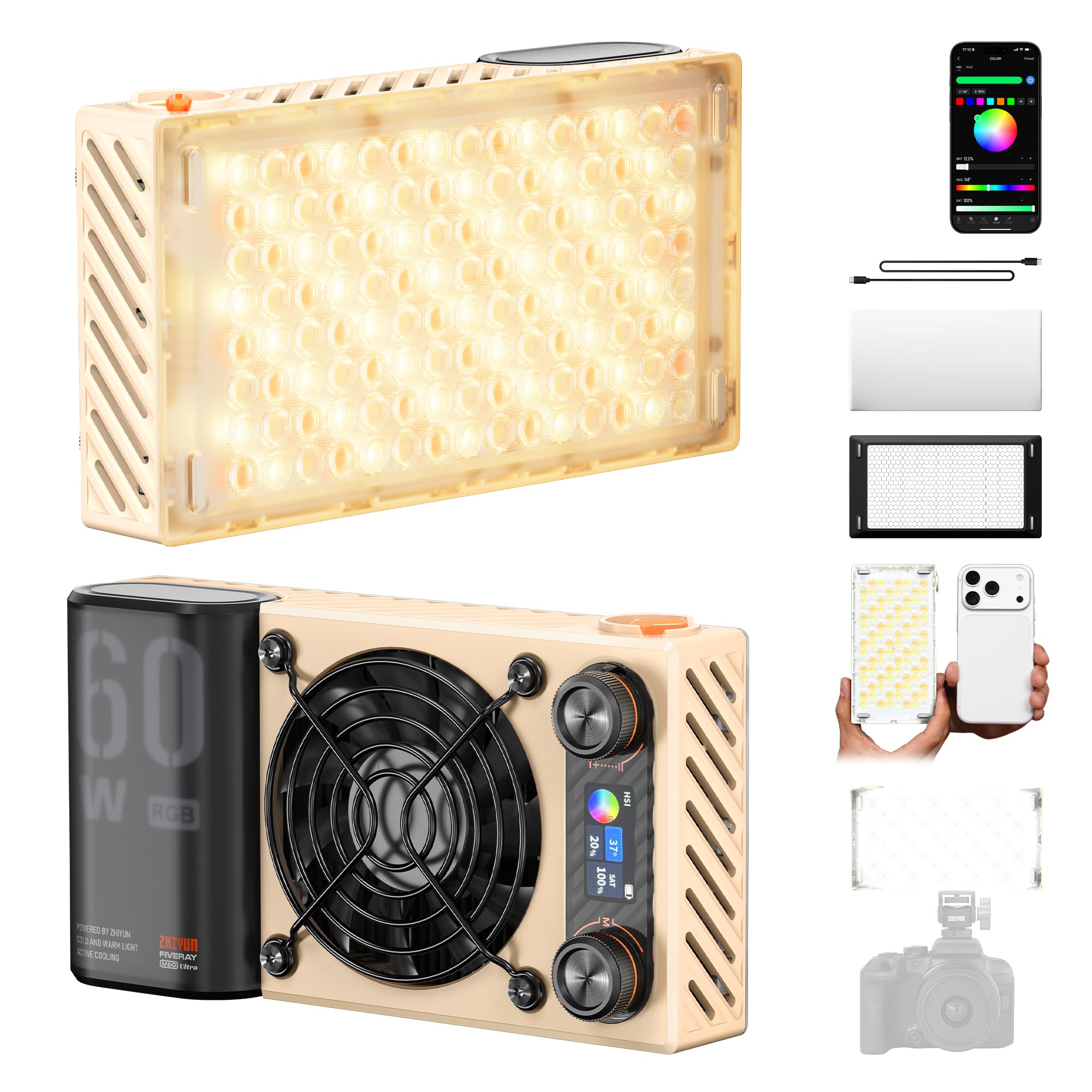 ZHIYUN FIVERAY M60 Ultra 60W RGB Luce Video [Ufficiale] Luce Portatile per Fotocamera con Cold Shoe, Magnetic Mount, Controllo APP&Padrone-Schiavo, 2500K~10000K, per DSLR Foto Illuminazione, 430g
