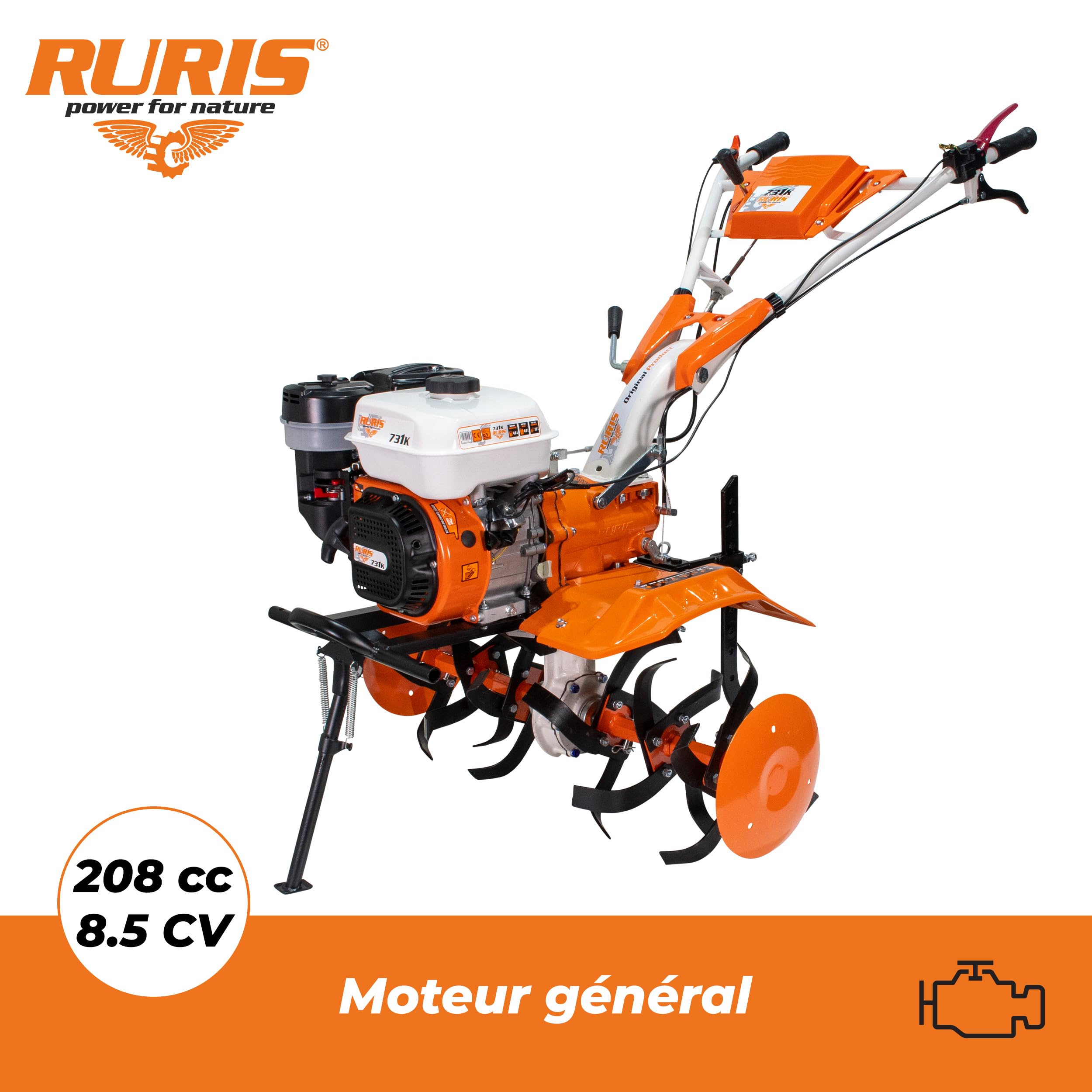 RURIS - Motoculteur Professionnel 731FR - Moteur General Engine de 8,5 CV - Largeur de Travail de 560-830 mm - Surface Traitée Allant Jusqu'à 1000 m²/h, Orange