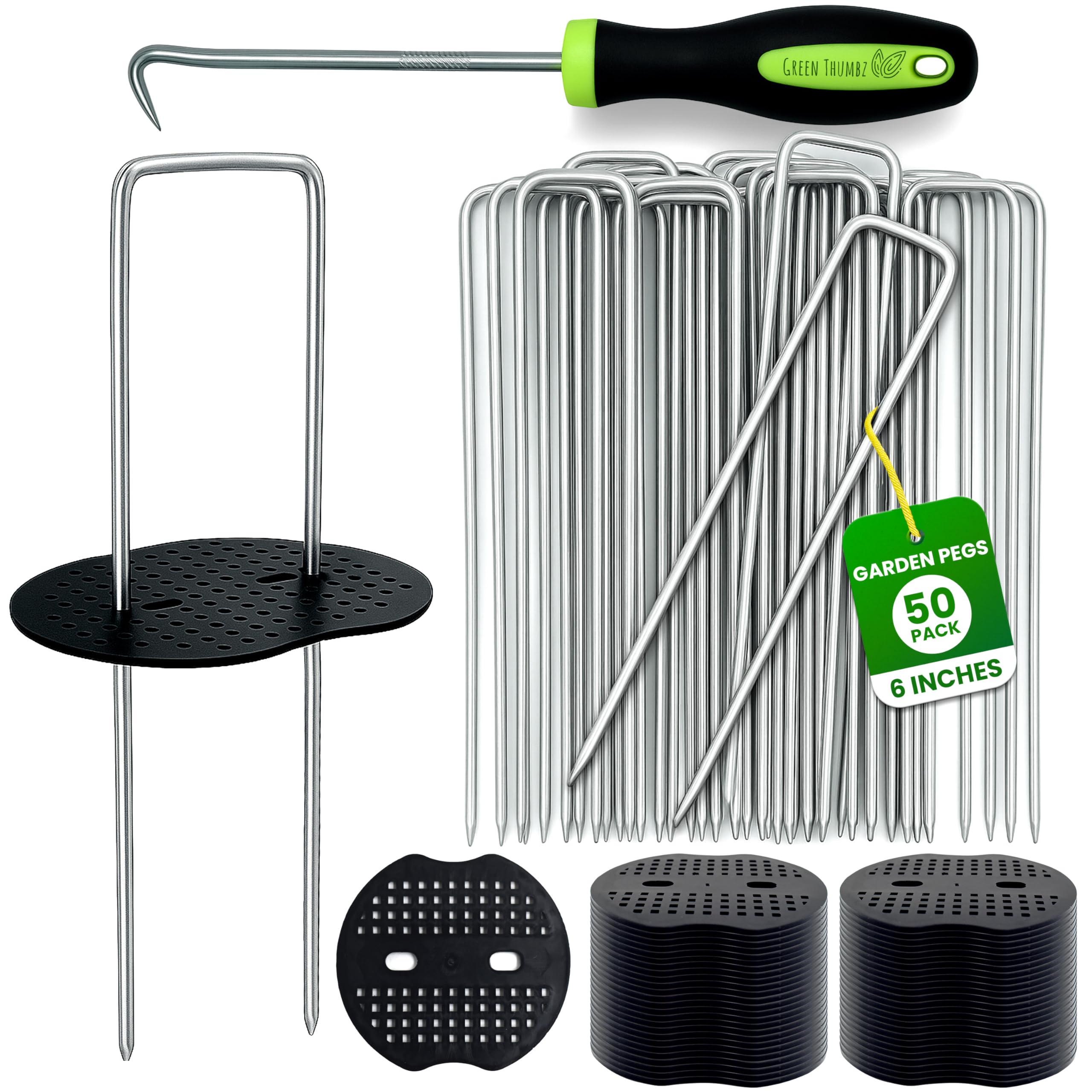 Green Thumbz Weed Membrane Pegs - 50 Pack 6 Inch Galvanized Metal Pegs with Buffer Washer and Pick Hook for Garden Membrane, Netting and Tent โ image 1