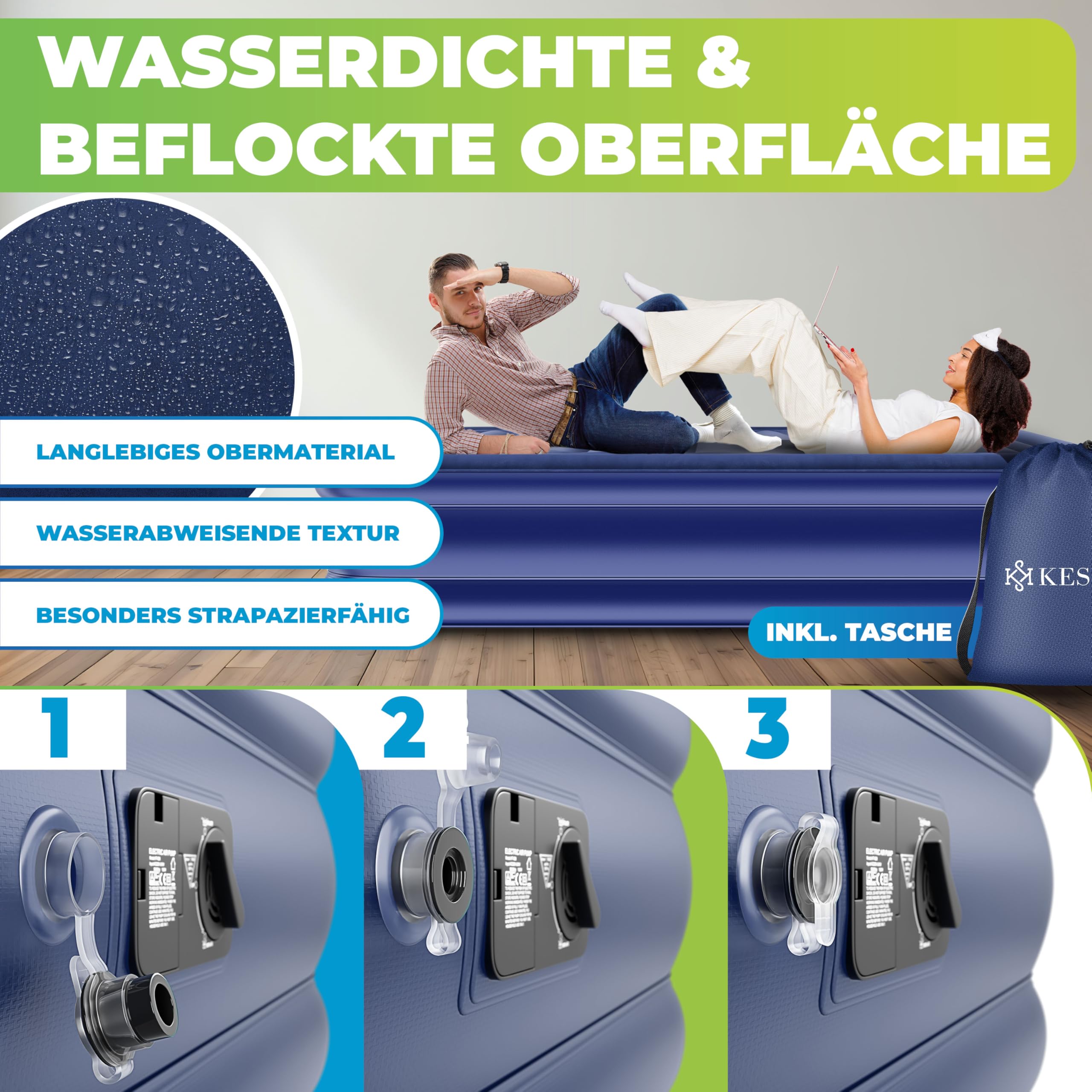 KESSER® Colchón hinchable con bomba eléctrica integrada, colchón de aire para camping o uso doméstico con bolsa, adecuado para 2 personas, 203 x 152,5 x 51 cm