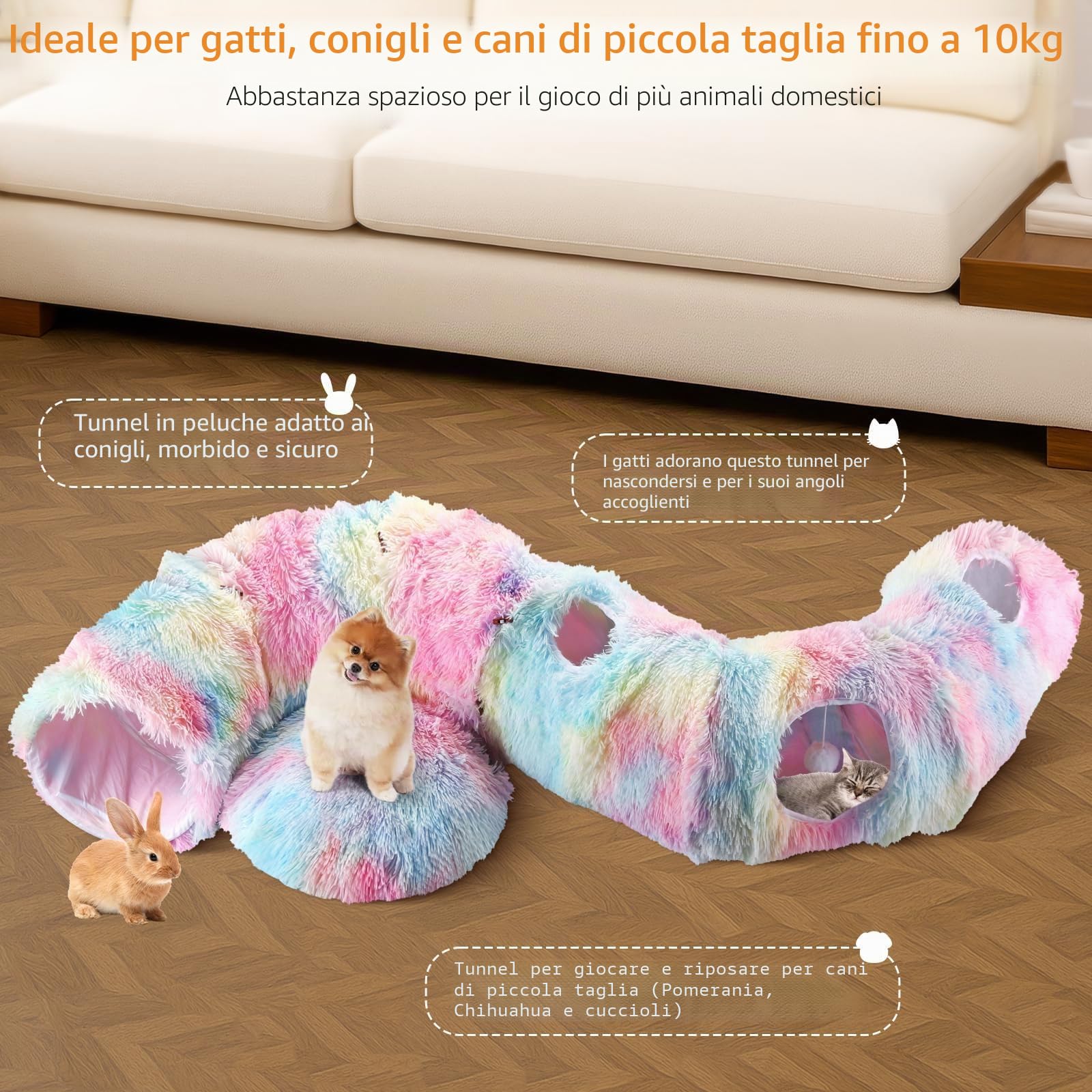 Tunnel per Gatti 3 in 1 Modulare con Letto Morbido Lavabile, Gioco Interattivo con Fori e Palline, Peluche Morbido per Gatti, Conigli e Cani Piccoli, Animali, Colorato
