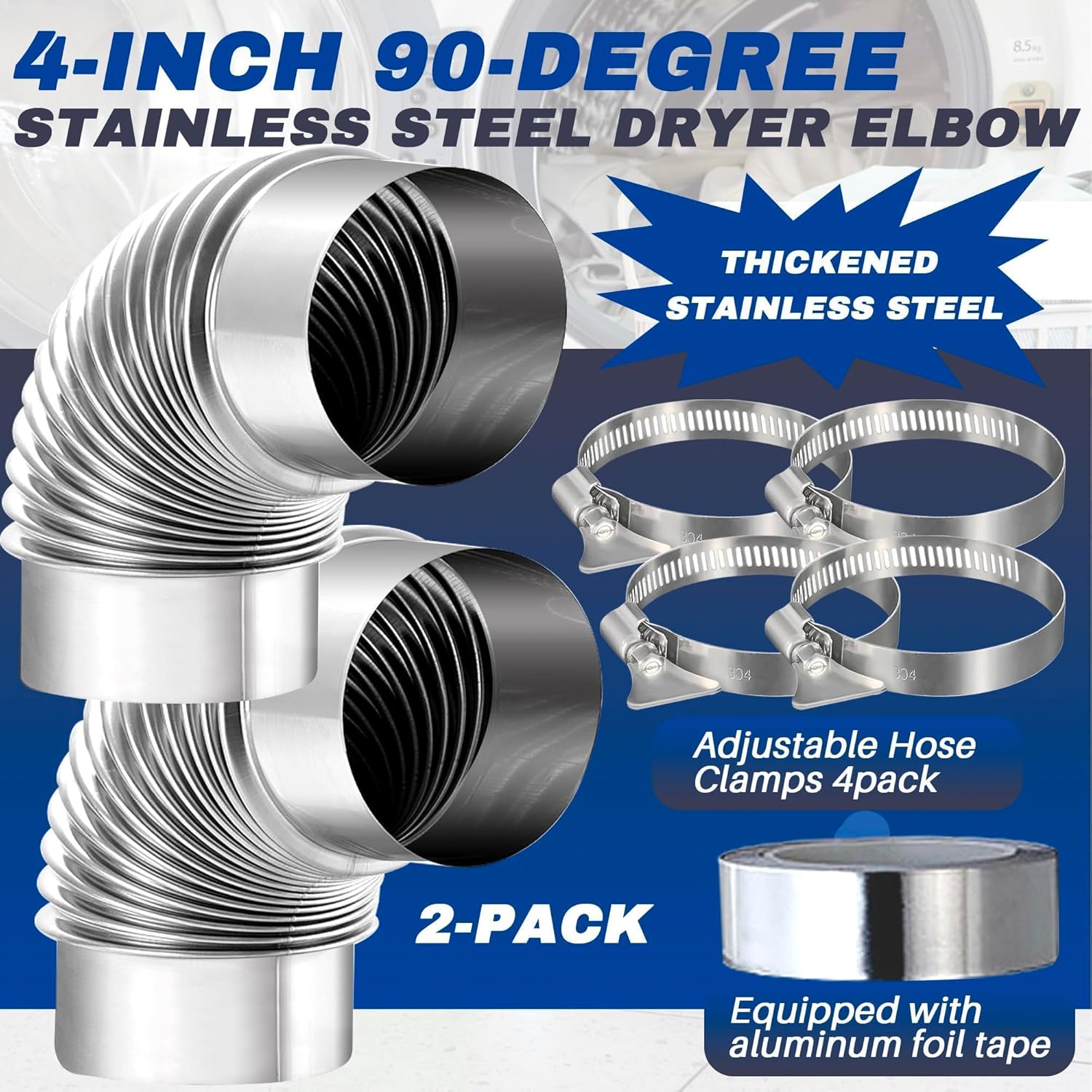 2 Pack 4" OD 3.97" ID 90 Degree Dryer Vent Elbow - Non-Flexible Stainless Steel Dryer Vent Elbow with 4 Clamps and Aluminum Foil Tape - Fits Tight Spaces for 4 in HVAC Ductworks, Pipes