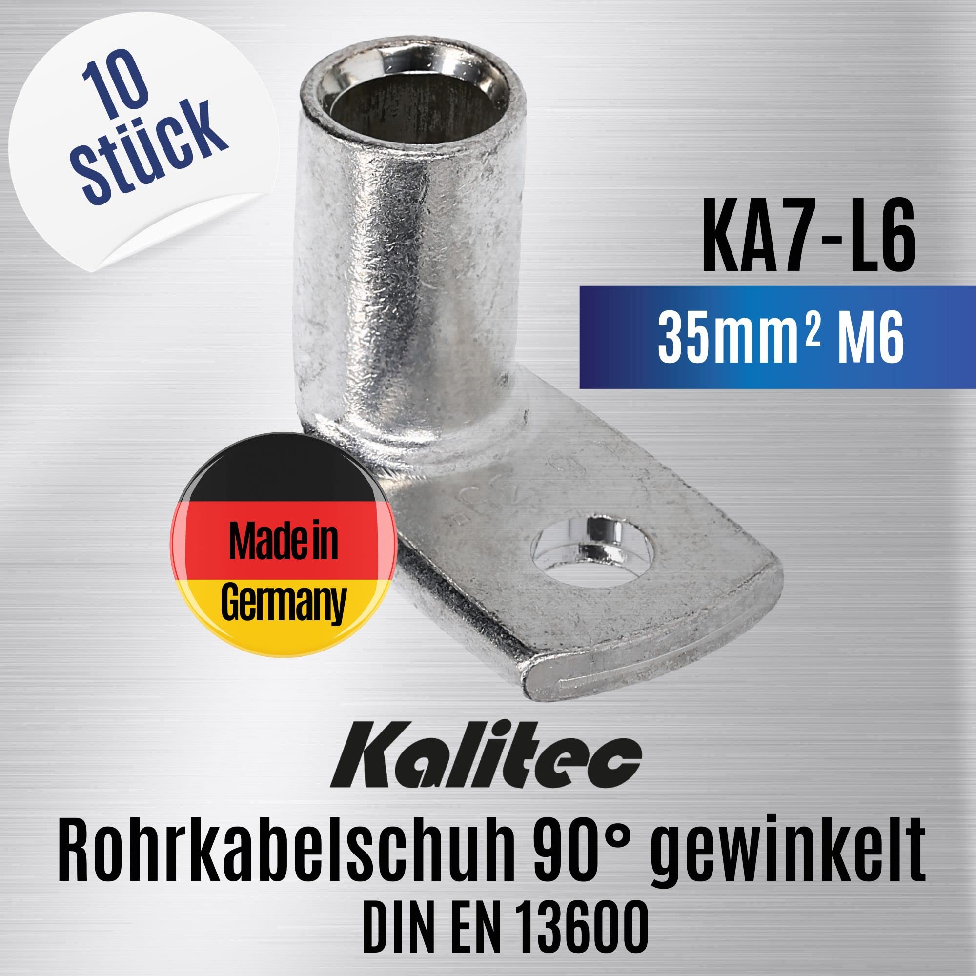 10 Stück Kalitec Rohrkabelschuh HR35-6 – 35mm², M6, Ohne Sichtloch, Made In Germany, UL-gelistet