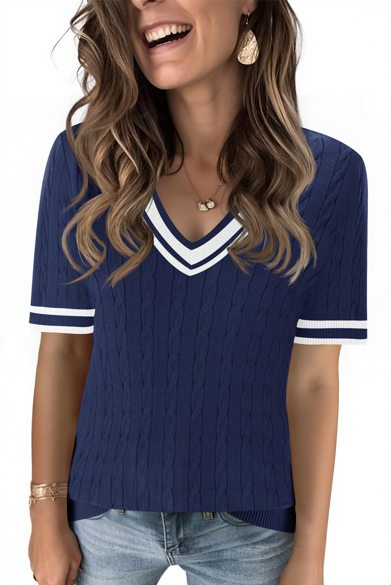 Kistore Womens Summer Short Sleeve Sweaters Tops V Neck Cable Knit Lightweight Sweater Shirts Blouses 2025