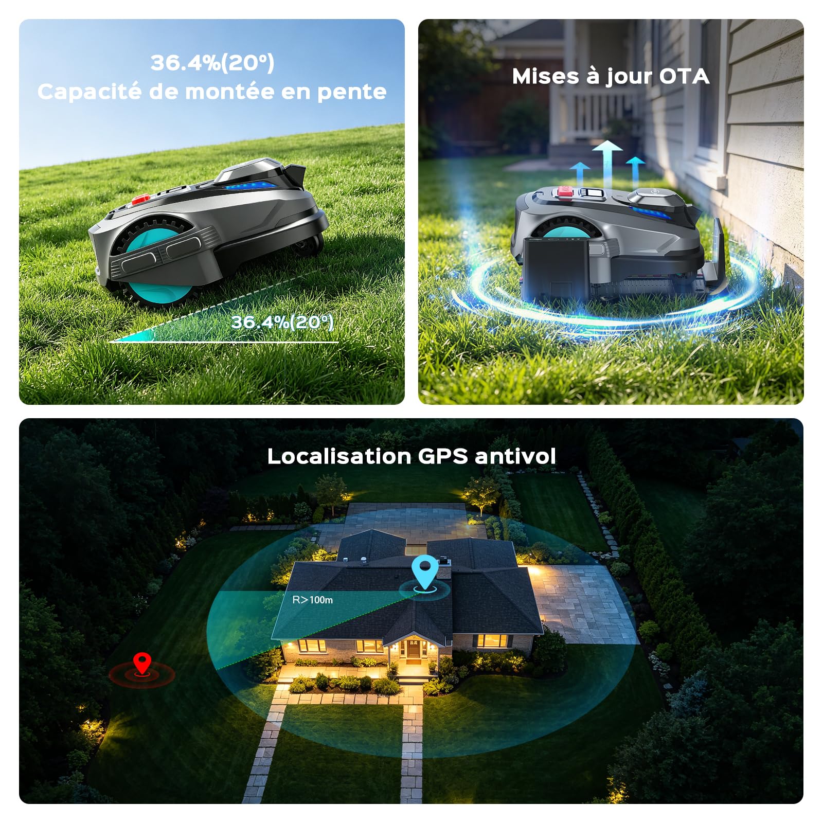 YARDCARE N1600PRO Robot Tondeuse sans câble périphérique, jusqu'à 1600 m², Navigation RTK et Vision IA, détection de Plus de 300 Obstacles, Tonte en U, APP Gestion Multi-Zones et Hauteur 20–60 mm