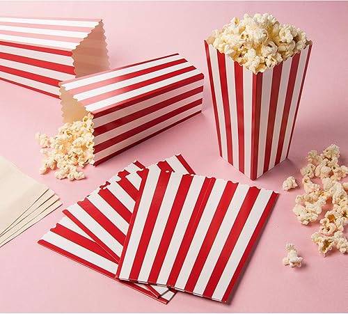 Miniatura 3 de Paquete de 100 cajas grandes de papel de palomitas de maíz, recipientes para dulces rojos y blancos para recuerdos de noche de películas,