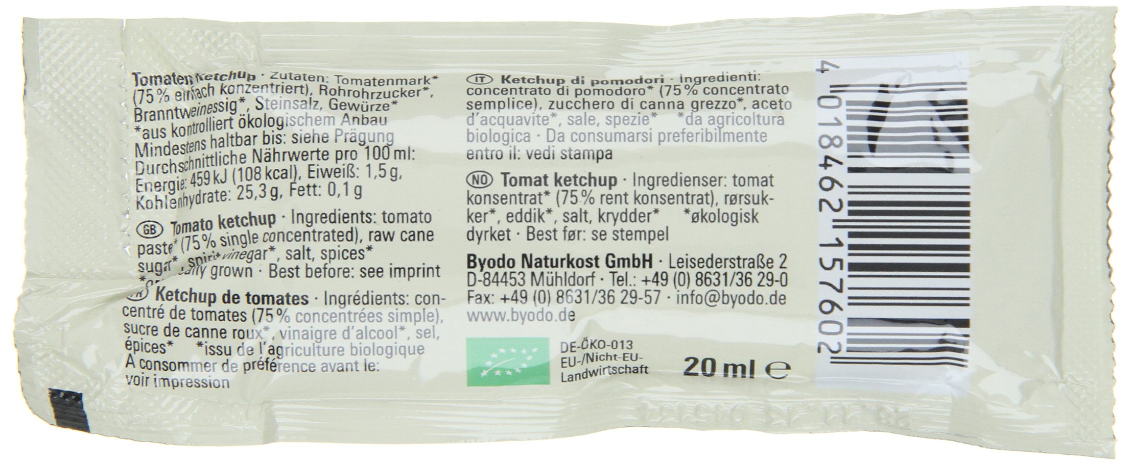 Byodo Ketchup Tomate, Portionsbeutel, 200er Pack (200 x 20 ml) - Bio
