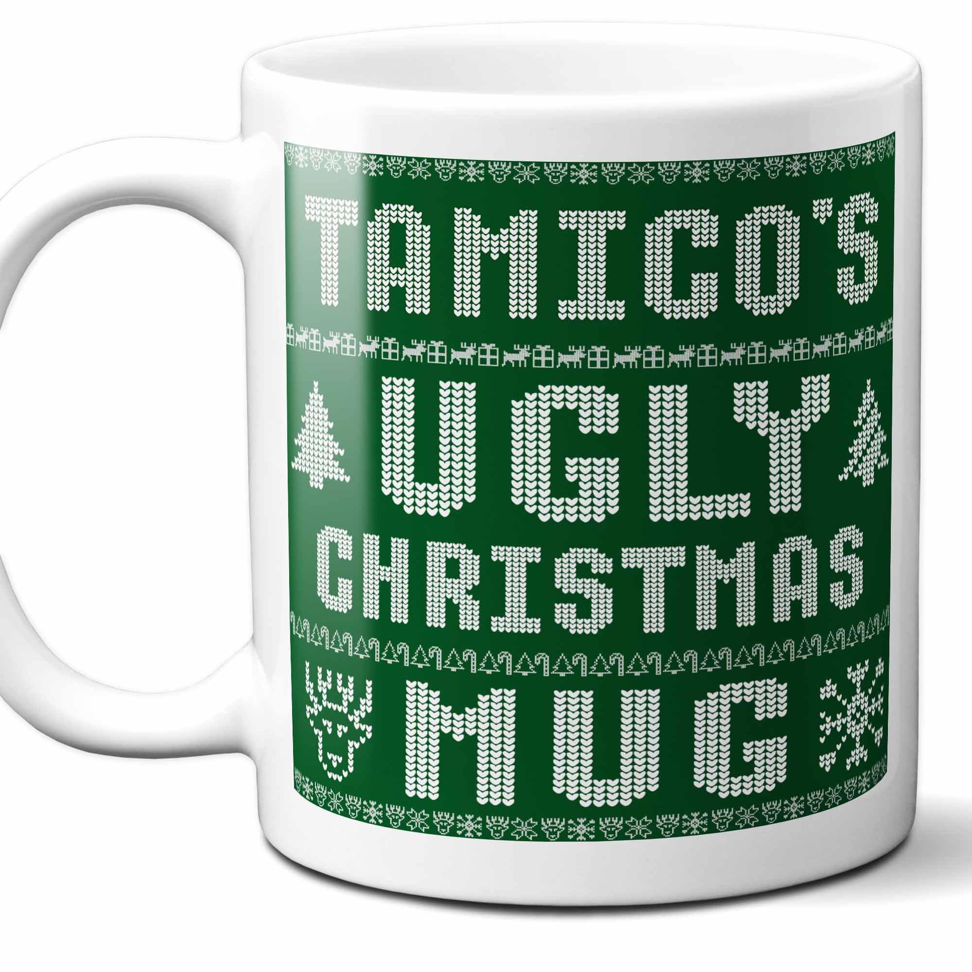 Tamico Name Christmas Gift. Personalized Ugly Christmas Sweater Coffee Mug. Funny Custom Xmas Gift, Stocking Stuffer For Friends, Coworkers And Person Who Has Everything. 11 Ounces.
