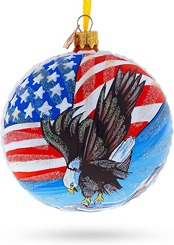 Bandera patriótica de Estados Unidos y águila calva, bola de vidrio soplado artesanal, adorno de Navidad de 4 pulgadas