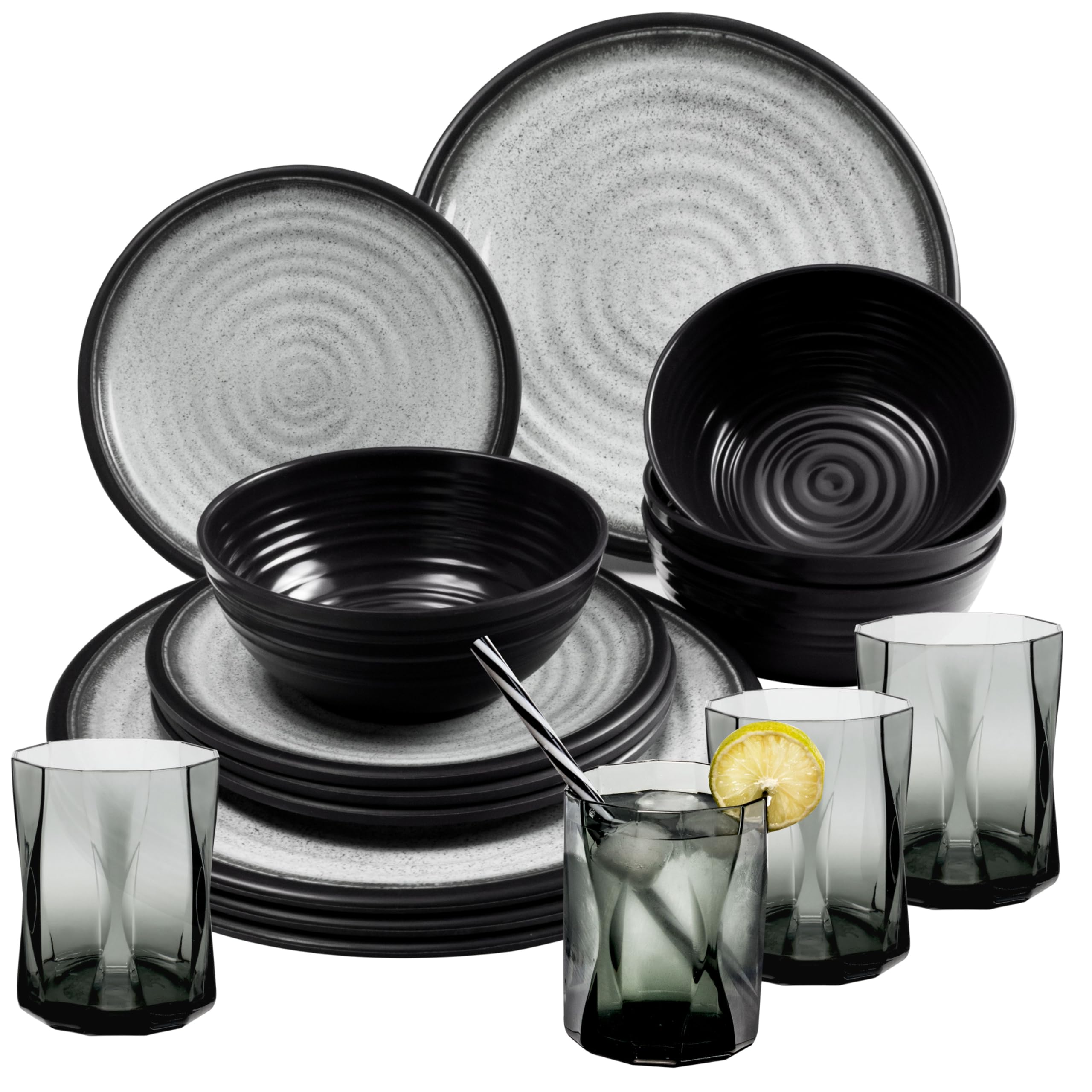 Melamin Geschirr Set für 4 Personen Grau Granit-Optik 16 Teile grauen 300ml