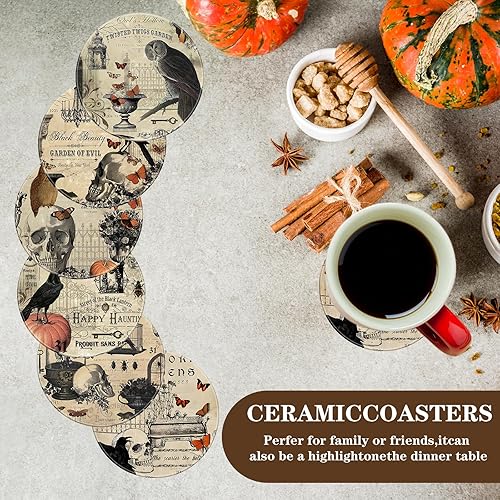 Miniatura 7 de Whaline 6 posavasos de Halloween con soporte, vintage, búho, cuervo, cráneo, cerámica, posavasos absorbentes para el hogar, cocina, fiesta,