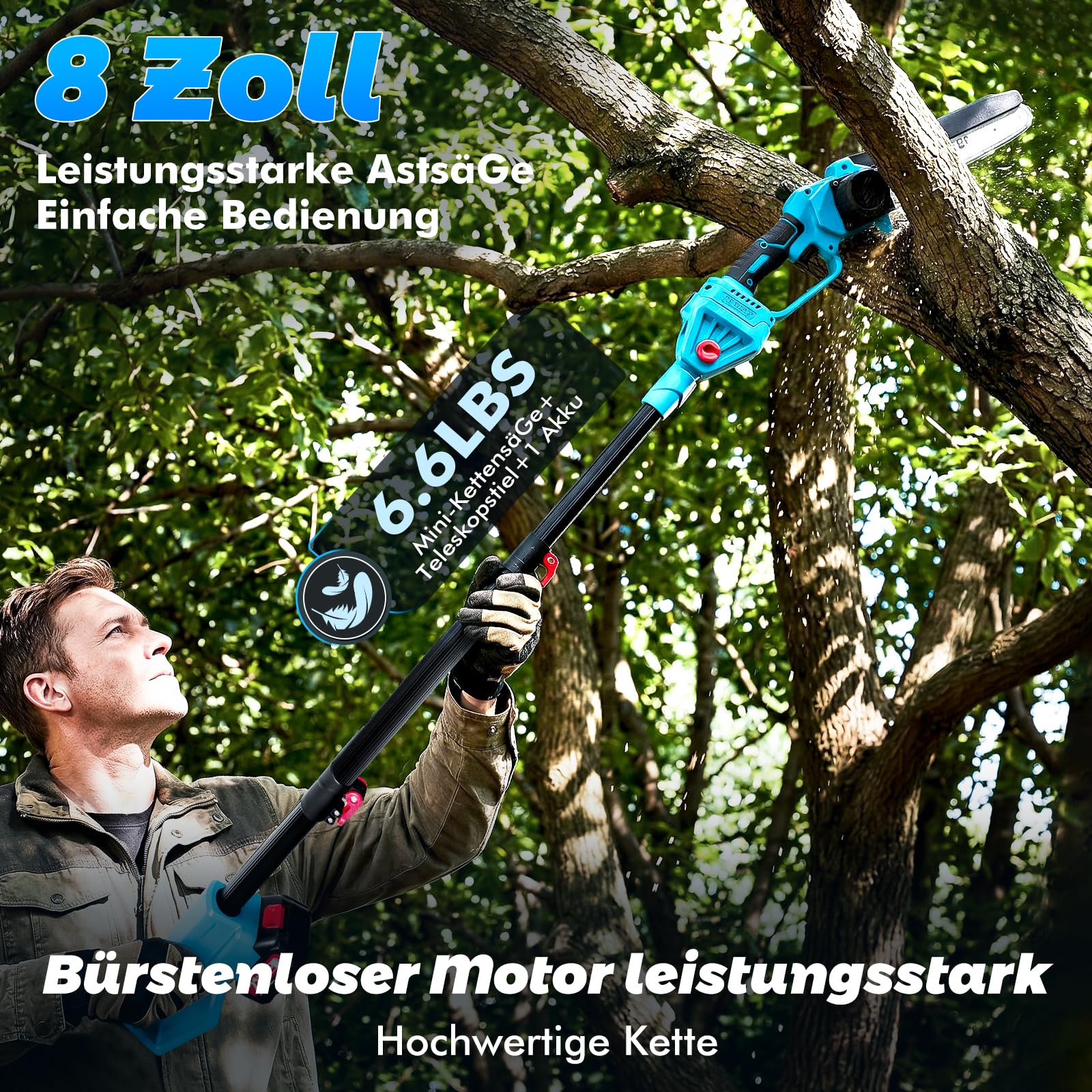 2-in-1 Akku Hochentaster 8-Zoll Mini-Kettensäge, Bürstenloser Motor, 2 x 3000 mAh Batterien, drei einstellbaren Höhen für Baumschnitt