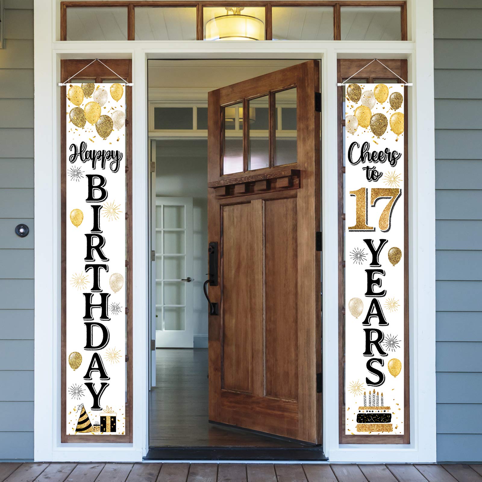 LASKYER Happy 17th Birthday Decorations,17th Gold Balloon Birthday Theme Door Hanging Banner Sign,Cheers to Seventeen Years Old Bday Party Supplies.