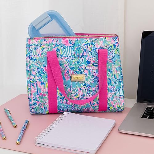 Miniatura 9 de Lilly Pulitzer Bonita bolsa de almuerzo para mujer, bolsa de mano aislada de gran capacidad, mini hielera azul con bolsillo de almacenamiento y