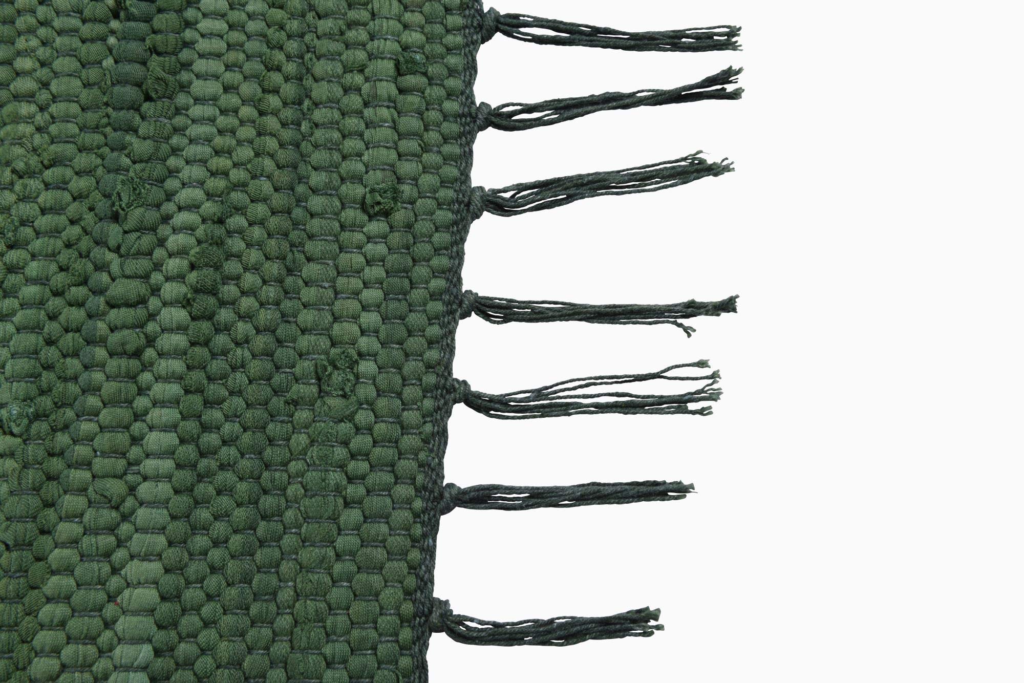 Theko Dhurry | Fleckerl | Flachgewebe-Teppich aus 100% Baumwolle; handgewebt, waschbar, beidseitig verwendbar | 90 x 160 cm; Dunkelgrün | Happy Cotton