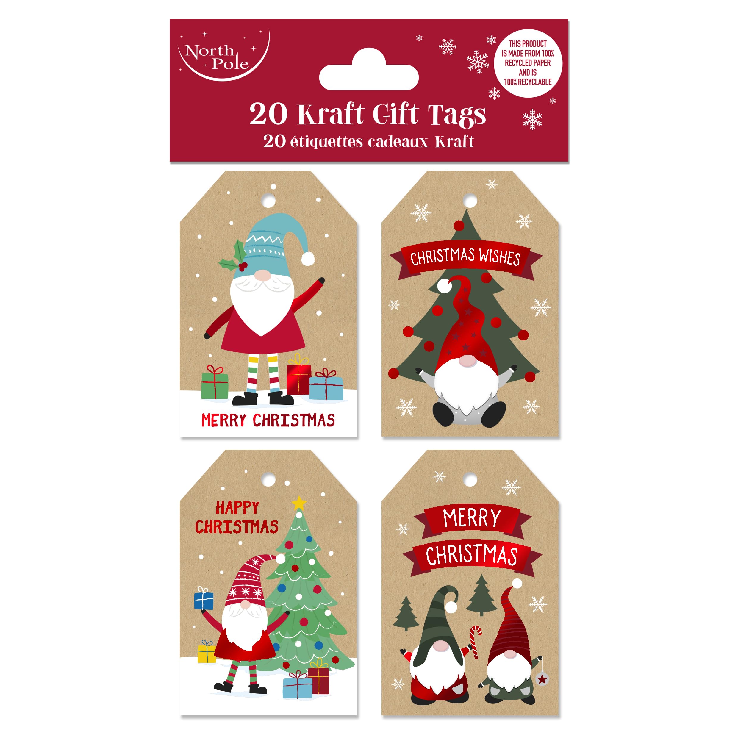 Eurowrap 20 Christmas Gonk Kraft Gift Tags – 4 Assorted Festive Designs – 100% Recycled Brown Kraft – Pre-Strung with Natural Raffia – 6 x 9 cm