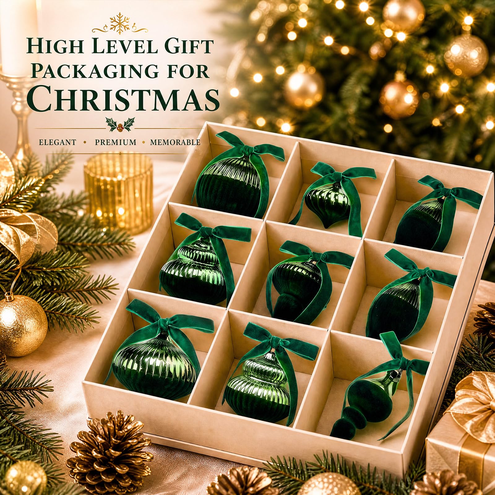Hungdao Kit de 9 boules de Noël en velours à moitié floqué – Décorations de sapin de Noël en plastique incassable – Boules de Noël brillantes à suspendre avec nœud décoratif pour sapin de Noël (vert)