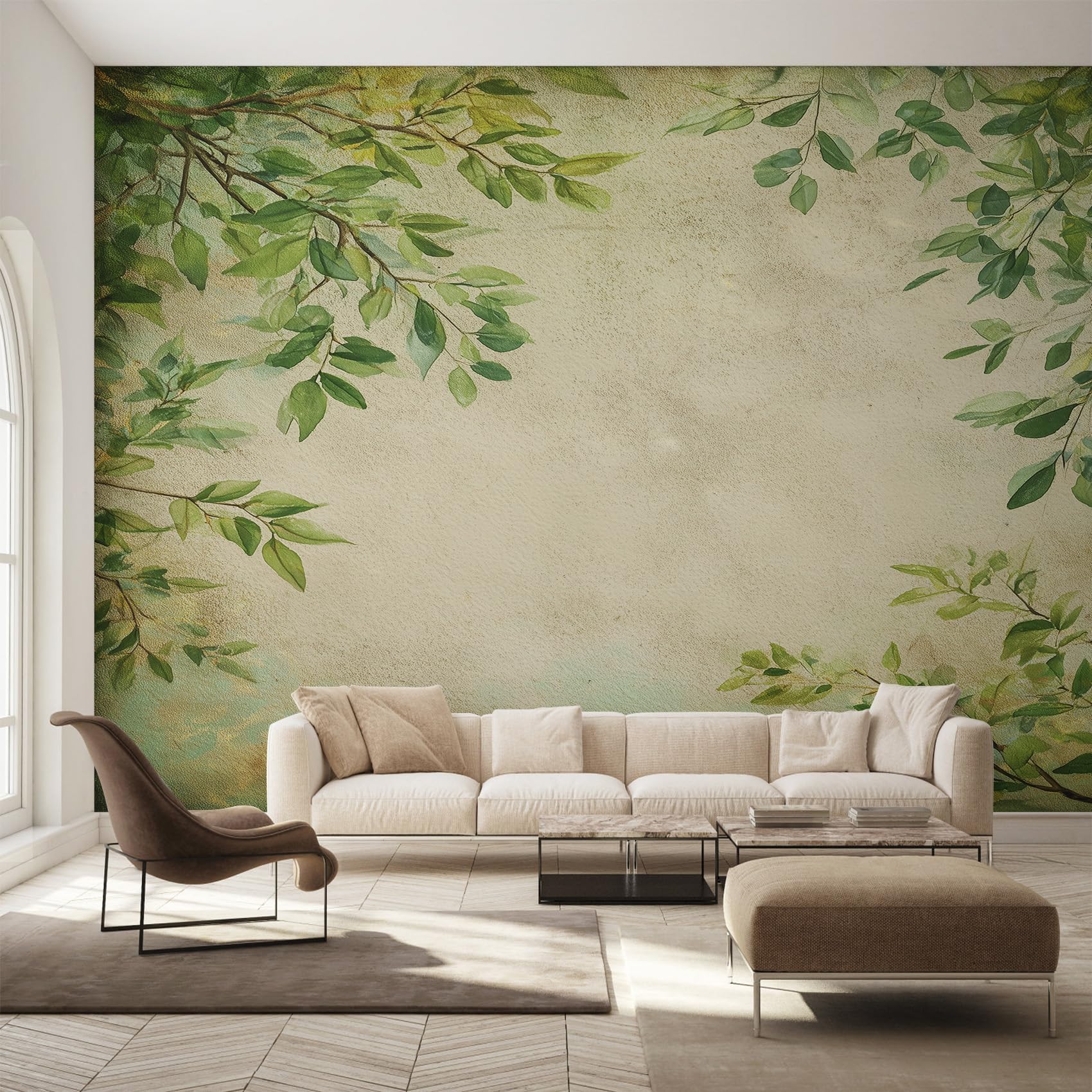 Papier peint panoramique feuilles vert aquarelle pour salon et chambre