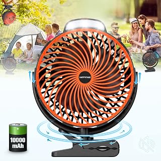 Camping Fan With Light 2023 Upgraded,10000mah Battery Operated Fan Rechargeable Fan,Quiet and Strong Wind Clip Fan for Bed, Outside Fan With Hook Usb Fan For Bedroom Outdoor Tents Desk Fan ( Orange )