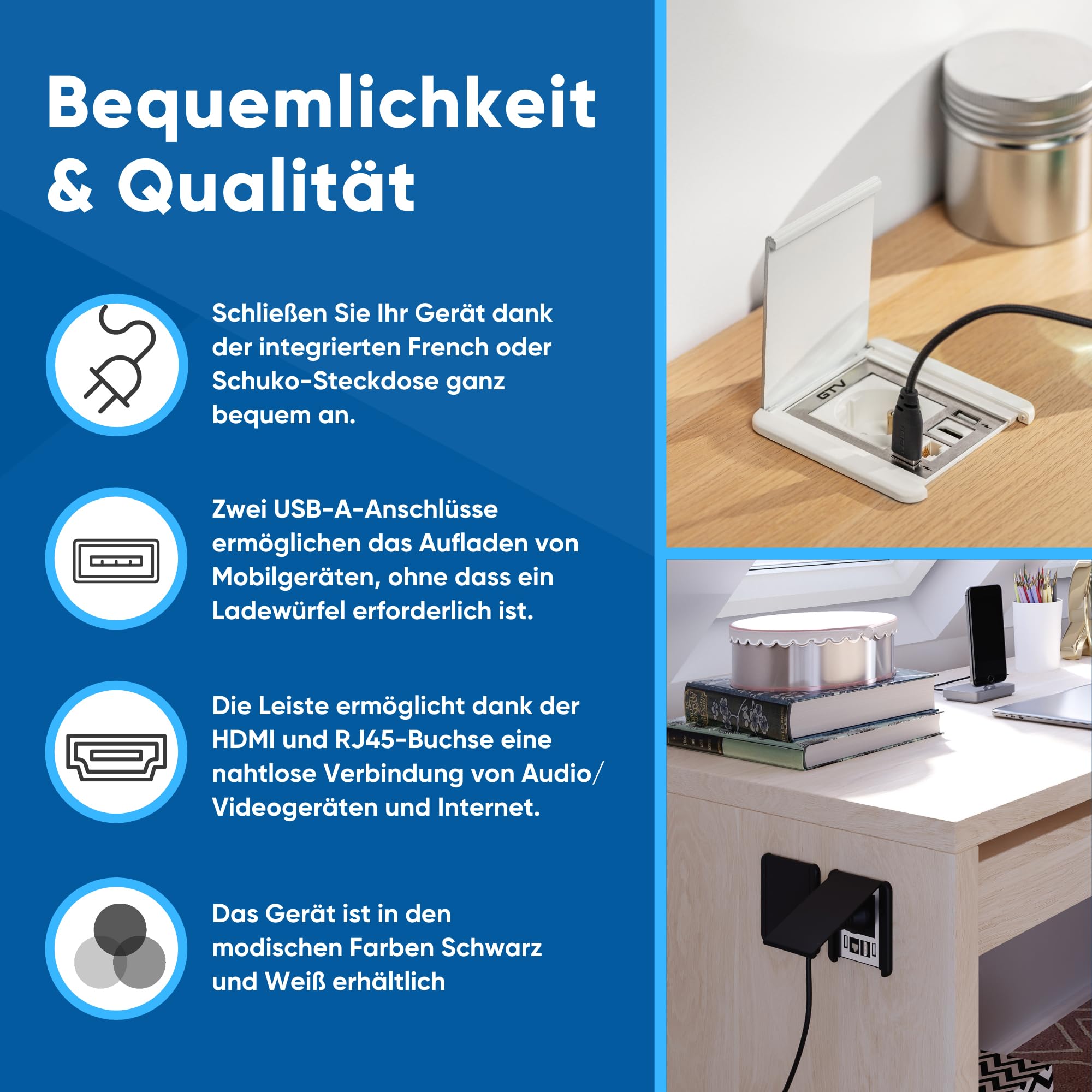 GTV - Möbelsteckdose FLIP, Einbausteckdose, 1x Schuko Steckdose, 2X USB A, 1x RJ45, 1x HDMI, Kabellänge 1,5m, Farbe Schwarz, für Schreibtische, Tischplatte, Küchen und Büro