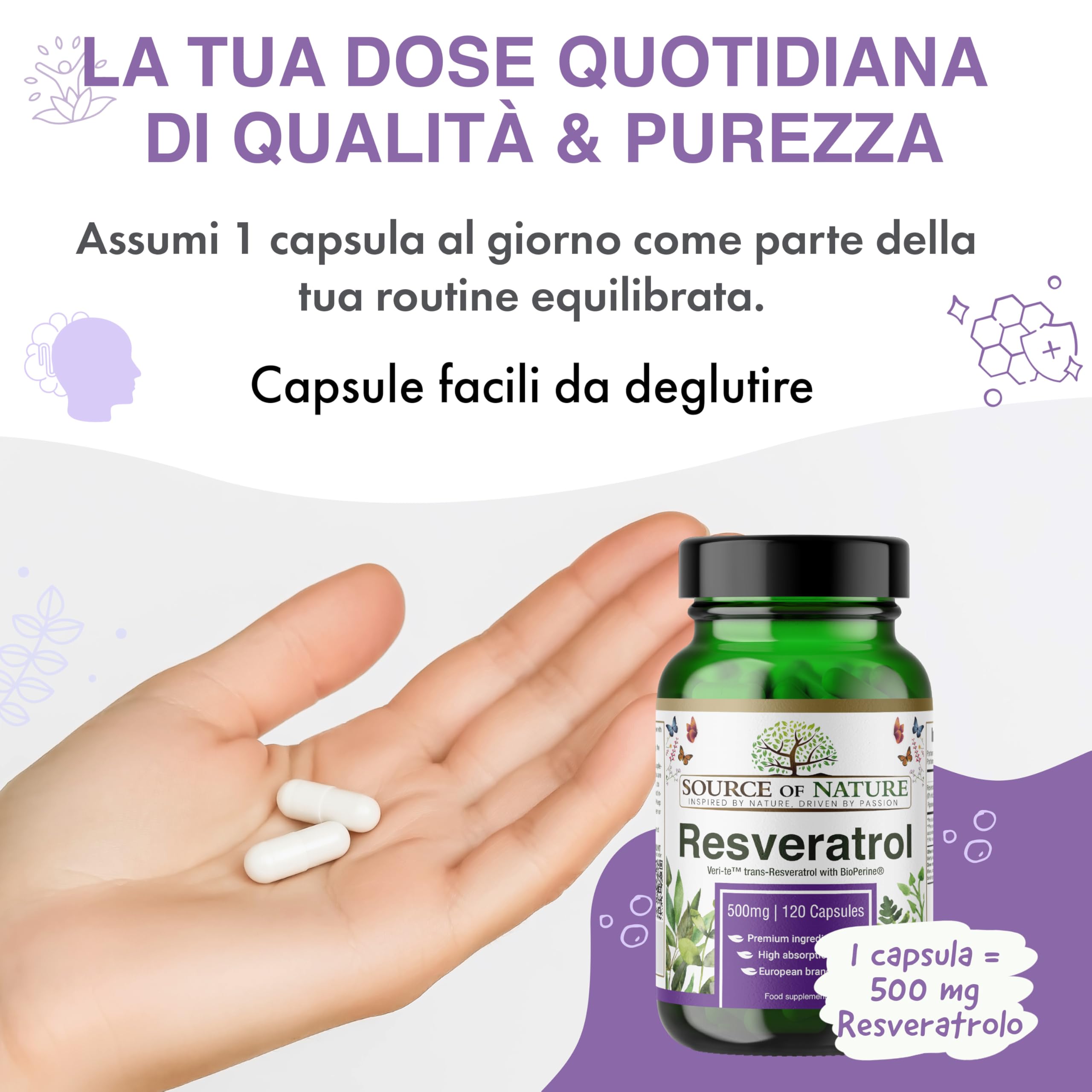 Trans-Resveratrolo 500 mg | 120 capsule vegane | Alta dose | Purezza 98% | Fermentato naturalmente | Con piperina | Testato in laboratorio | Qualità premium