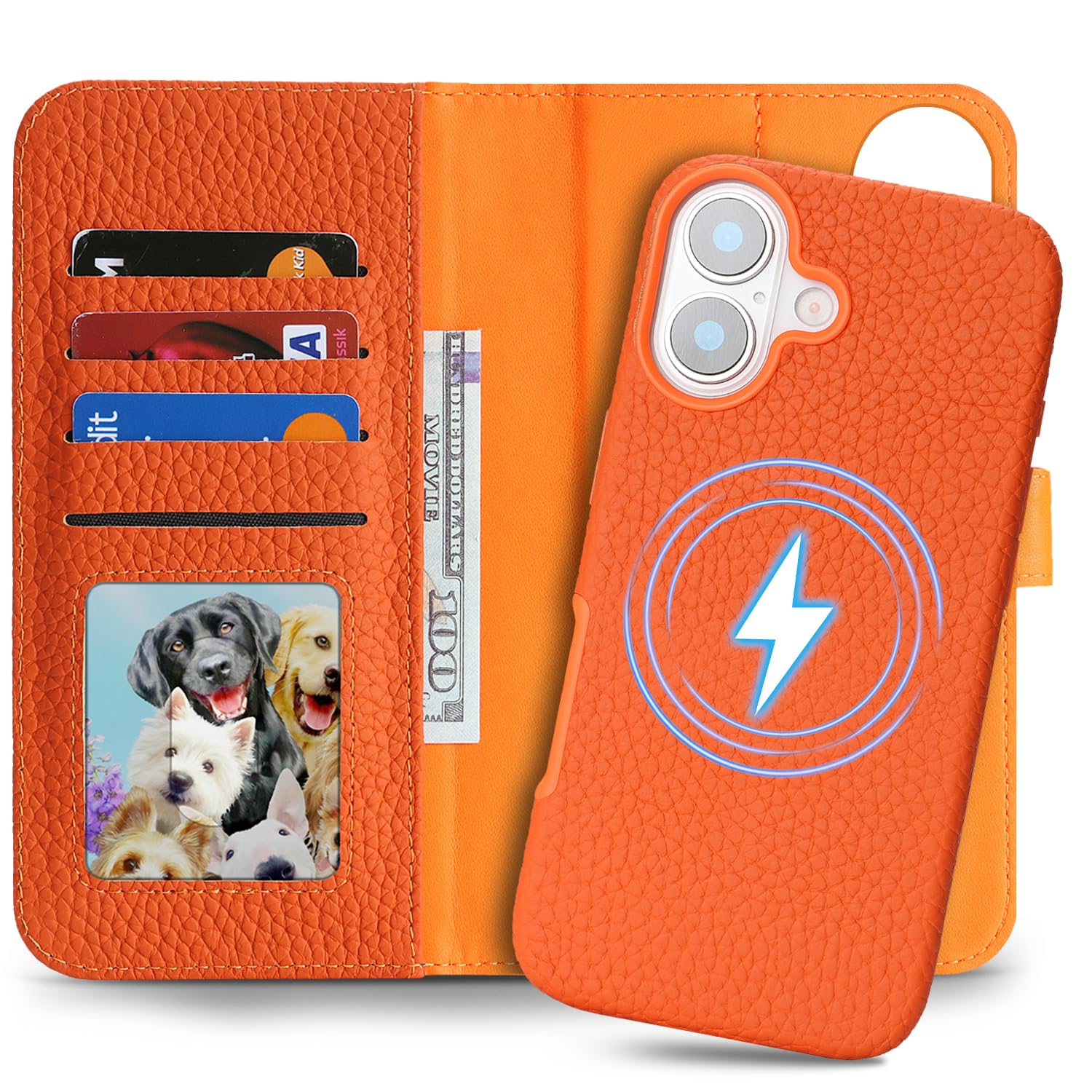Detachable Genuine Leather Case for iPhone 17 Wallet Case Magnetic 2in1 Removable Flip Cover Book Purse Compatible with Magsafe Charging Kickstand Card Holder-Orange
