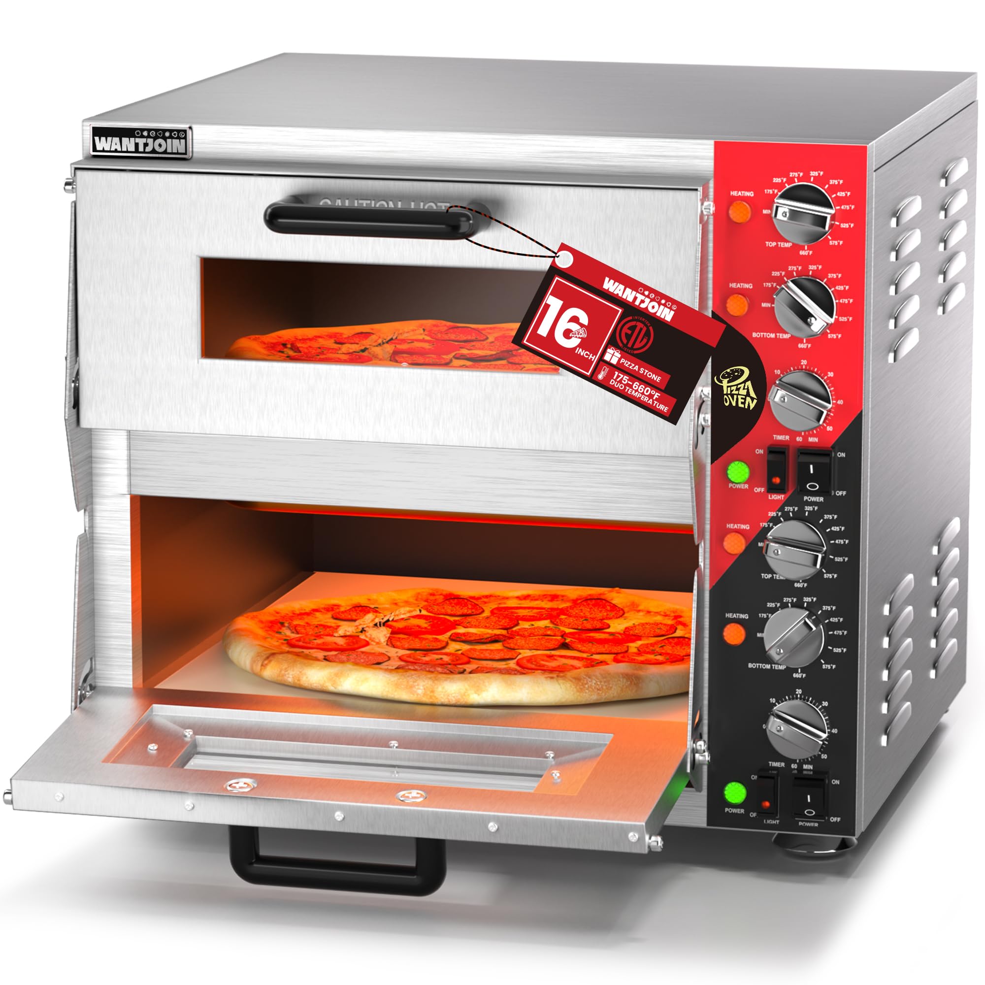 WantJoin ETL Listed Commercial Indoor Pizza Oven 16 Inch Countertop Double Decker Electric Pizza Ovens with Pizza Stone, 60-Min Ring Timer, For Restaurant, 3200W,Sliver