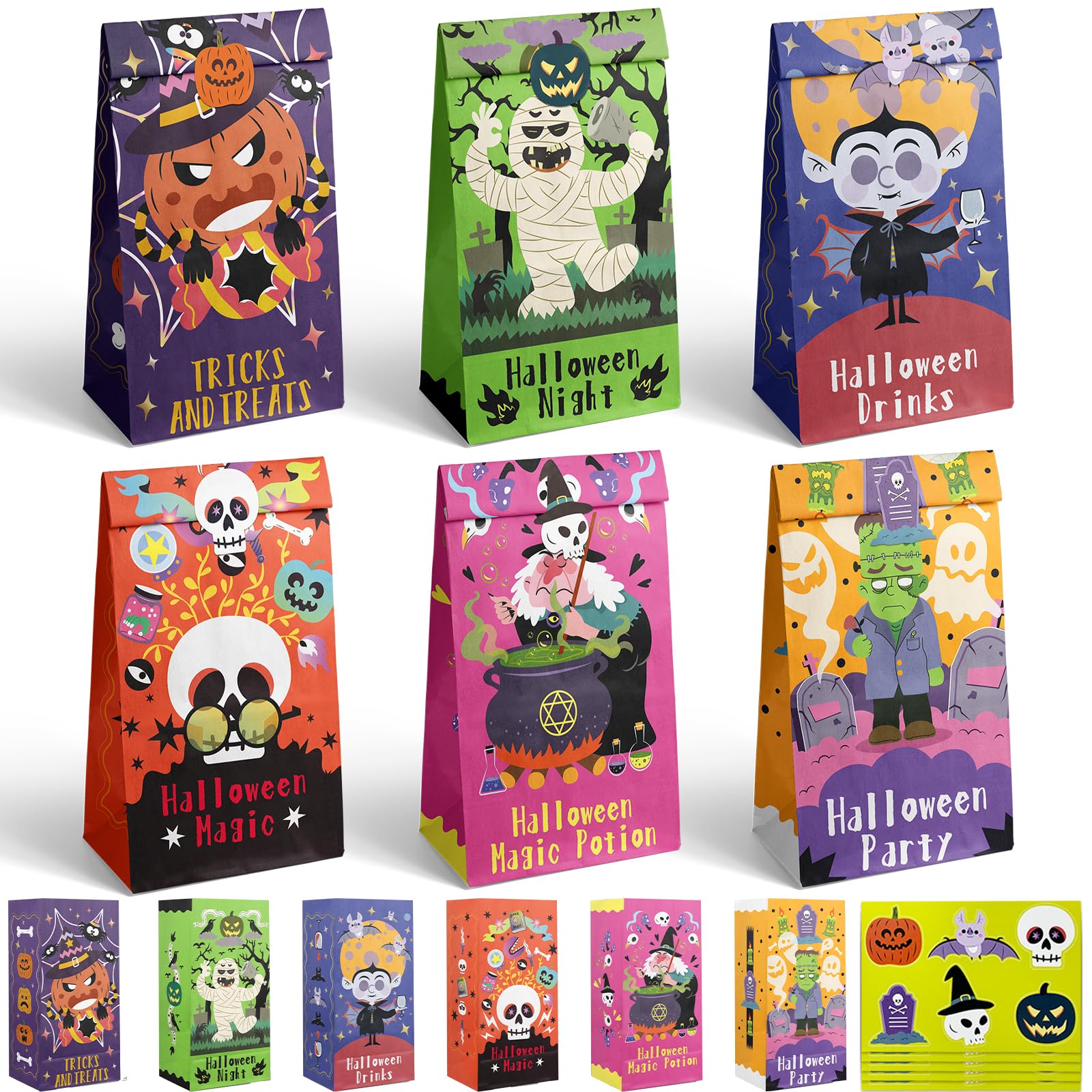 Gcardist Halloween 30-Packs Favor Bags 6 Designs 24×12×8cm for Festival Gift Bags(9.5x5x3InCH, Include Stickers)