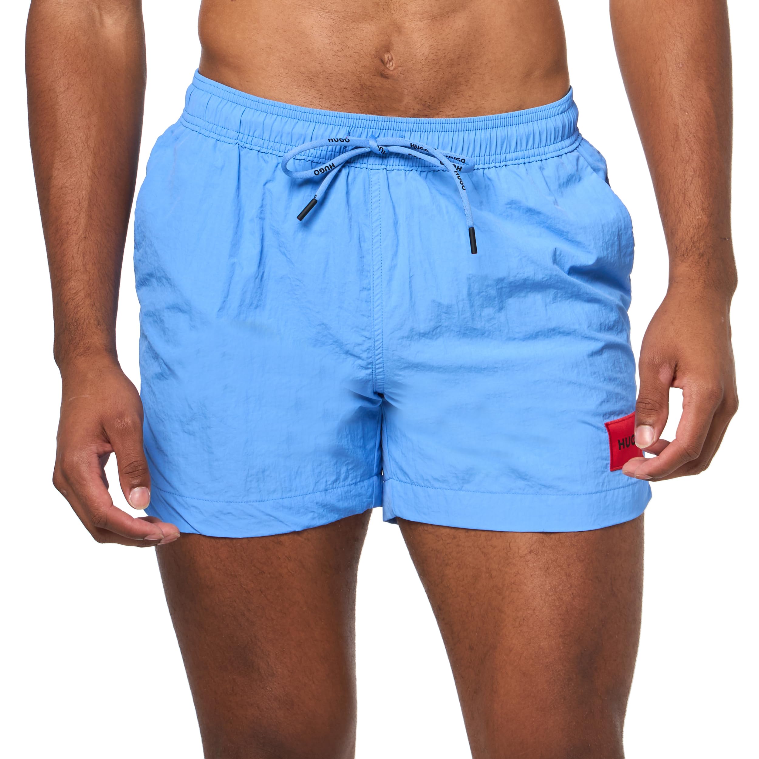 HUGO Men's Dominica Patch Logo Quick Dry Swim Trunks, Granada Sky Blue, Large