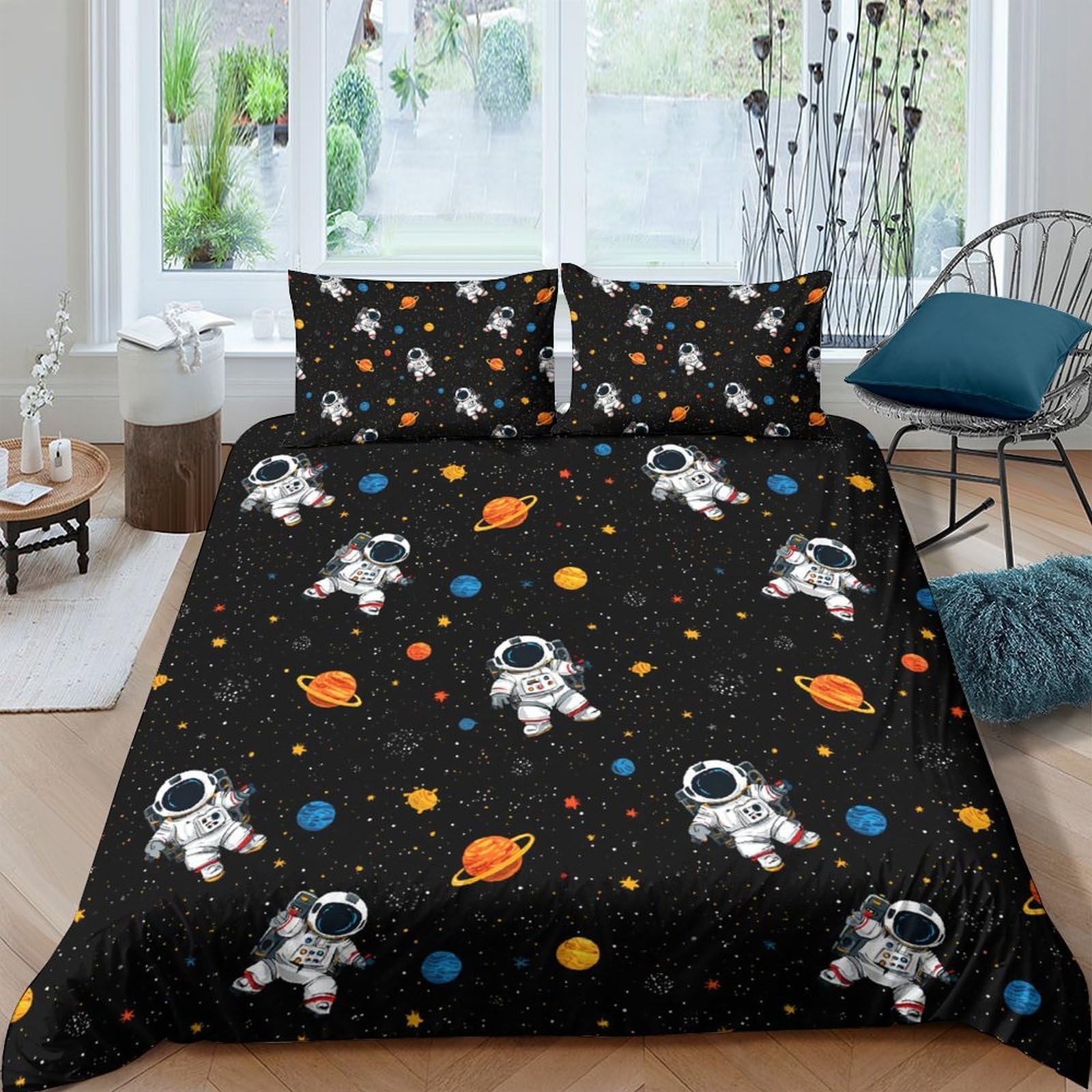 Ctjqhvkz Style-7 3D Printed Astronaut Space Fitted Sheet Microfiber Soft Black Cartoon Planet Mattress Cover Bedroom Decor Single（135X200cm）