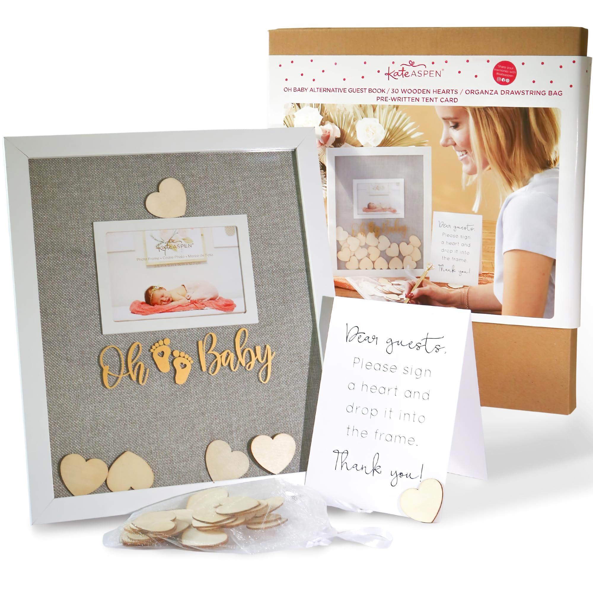 Kate Aspen 22124NA Oh Baby Shower Guest Book Frame Guestbook Alternative, MDF Wood Polyester Plastic. Sheer Organza, Gray