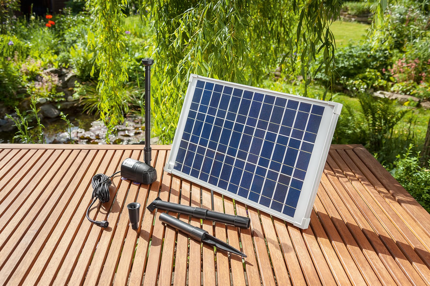 Pompa solare per laghetto da 20 Watt, modulo solare 1350 l/h, portata 1,9 m, set completo per laghetto da giardino