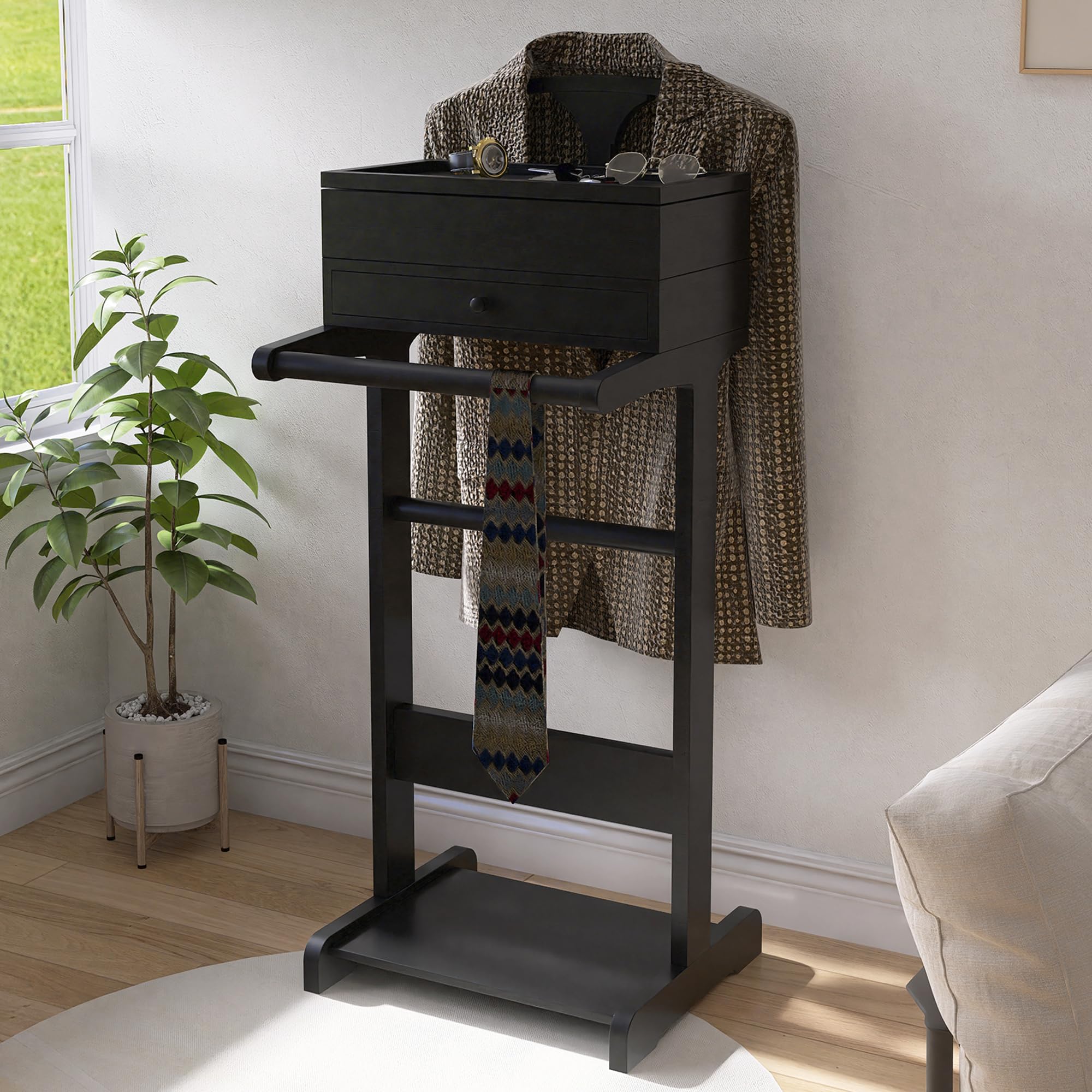 Wooden Valet Stand for Men,Clothes Rack with Drawer, Flip Tray, Suit Hanger