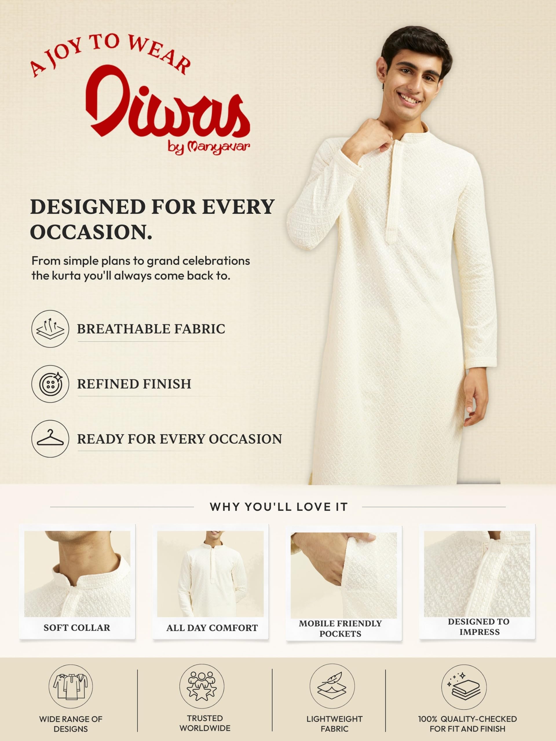 DIWAS BY MANYAVAR Men's Viscose Embroidered|Sequined Kurta (1pc) (in, Alpha, 2XL, Cream) 3