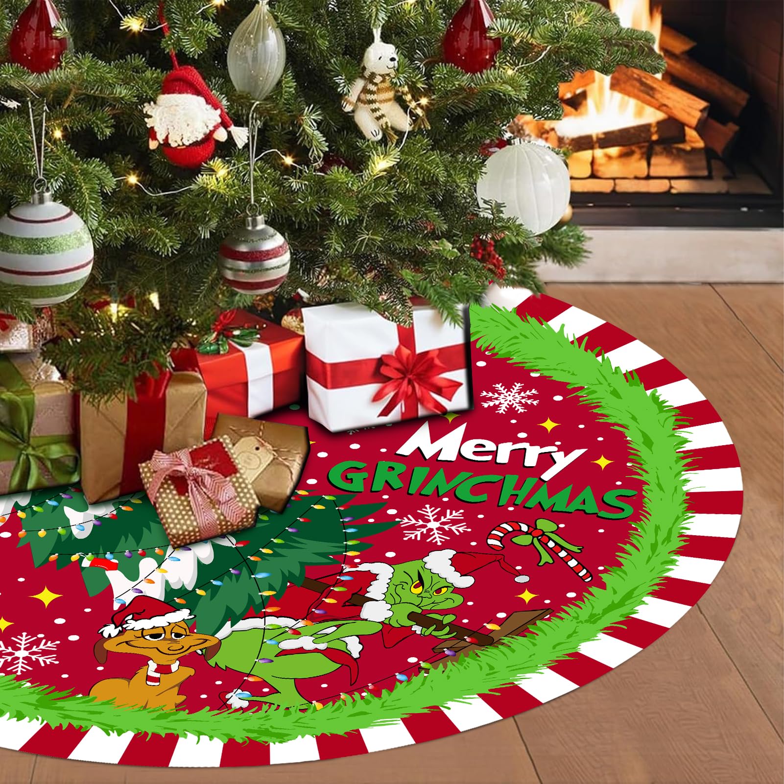Christmas Tree Skirt, 48 Inch Soft and Funny Trimmed Merry Christmas Tree Collar Farmhouse Xmas Holiday Party Decoration (red)