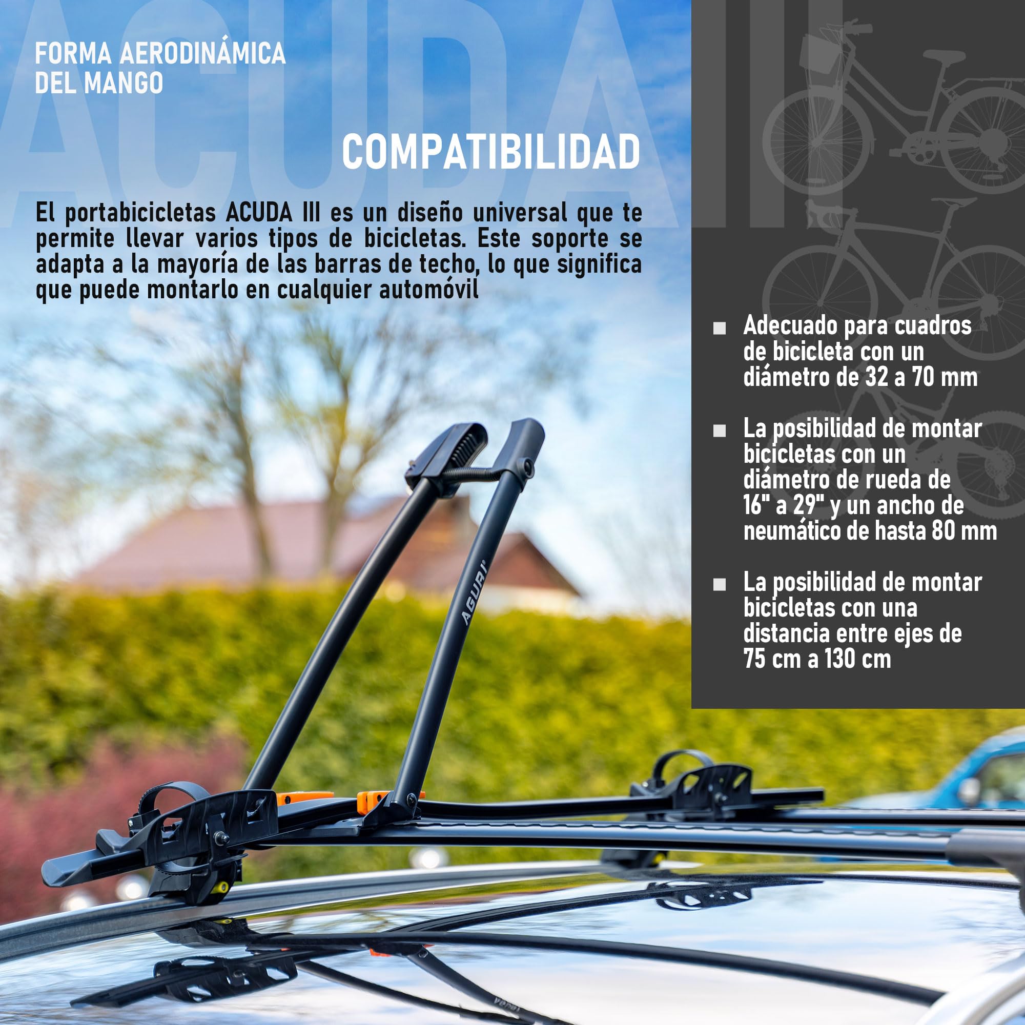 AGURI ACUDA III | Portabicicletas de Techo, Soporte Universal para Bicicletas en el Techo del Automóvil con Cerradura; Capacidad de Carga de hasta 20 kg | Construcción Ligera y Resistente de Aluminio