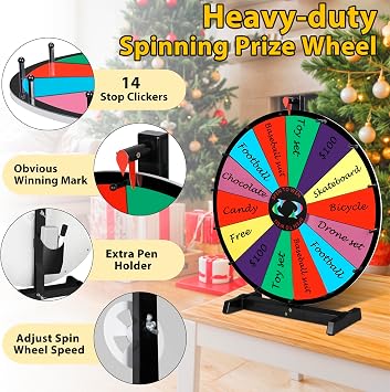 JupiterForce 24 Tabletop Color Prize Spinning Wheel 14 Slots Prize Spinner with Dry Eraser & Marker Pen Editable Carnival Fortune Spin to Win Casino Wheel Game Equipment