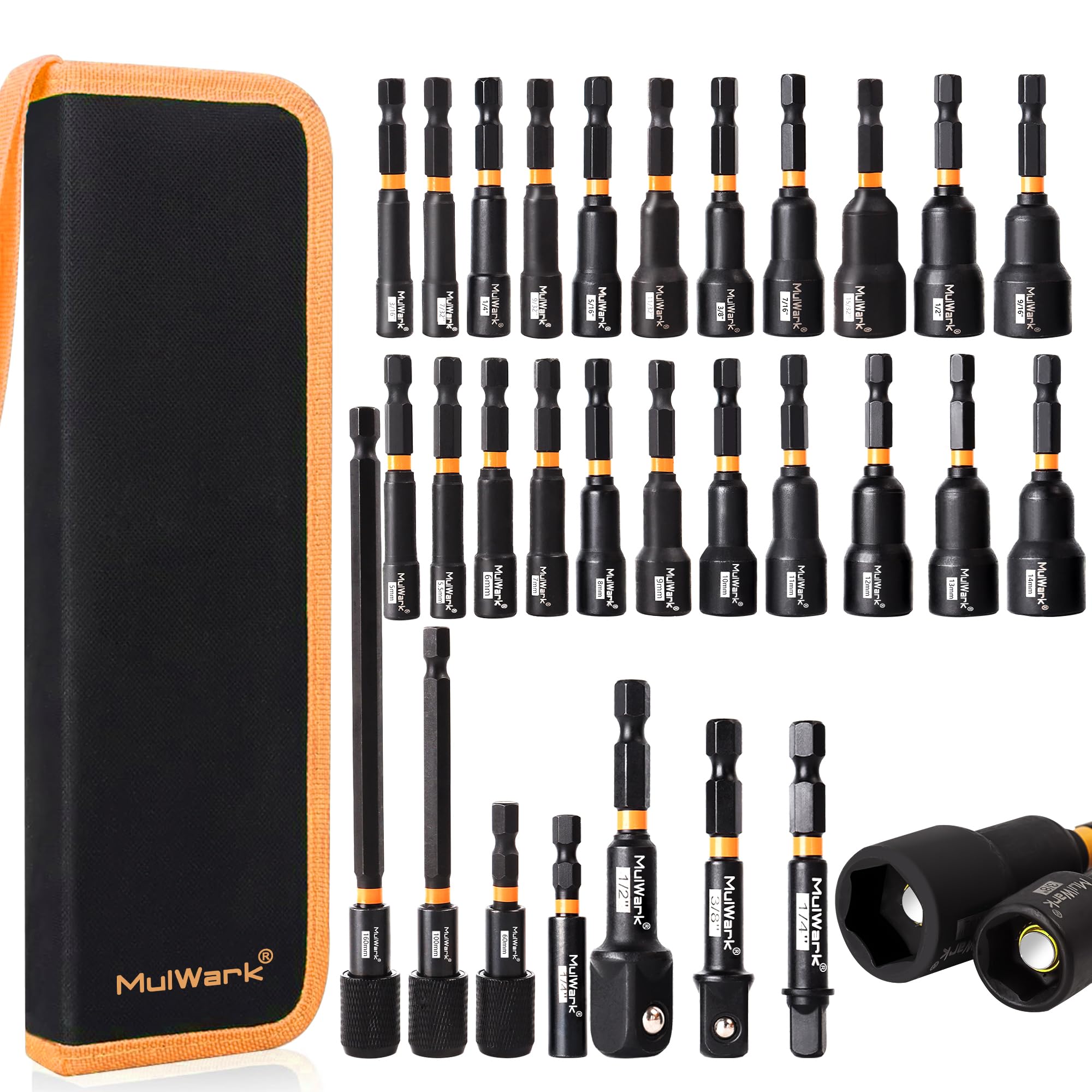 MulWark 29 Piece Magnetic Nut Driver Set, Impact drill socket adapter, SAE, and Metric Nut Driver Set Includes Magnetic Bit Holder, Quick Release Extension with Storage Bag
